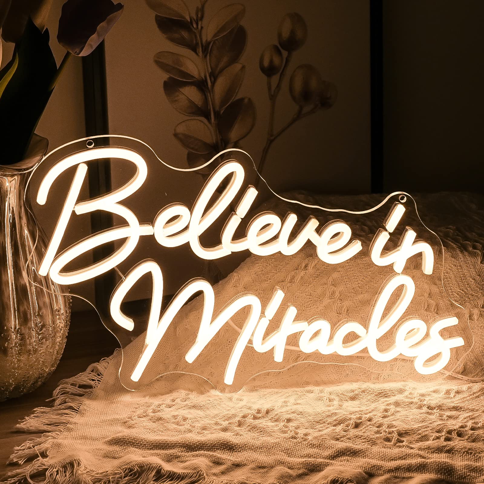 Believe In Miracles Neon Sign, Neon Lights For Wall Decor, With Dimmable Switch,Usb Powered Light Up Warm White Led Neon Signs- Energize Your Space With Magical Ambiance（16.5 X 9.1 inch）