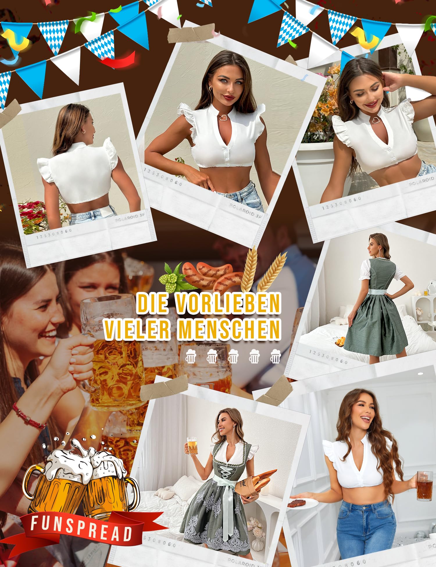 Funspread Dirndl Bluse Damen Weiß - Dirndlbluse Kurzarm DirndlBlusen V Ausschnitt Trachtenbluse