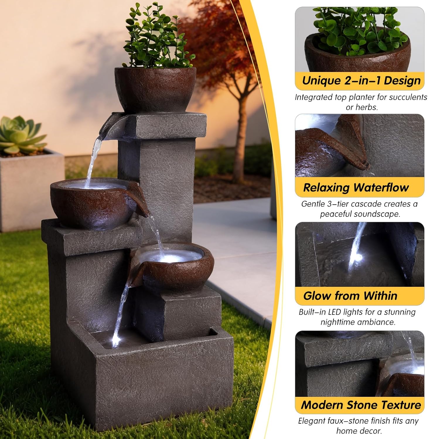 Large Cascading Outdoor Fountain Ground-Standing Fountain Fantastic Design Equipped with LED Lights, Suitable for Gardens Patios Porches and Swimming Pools,Bowl-Step