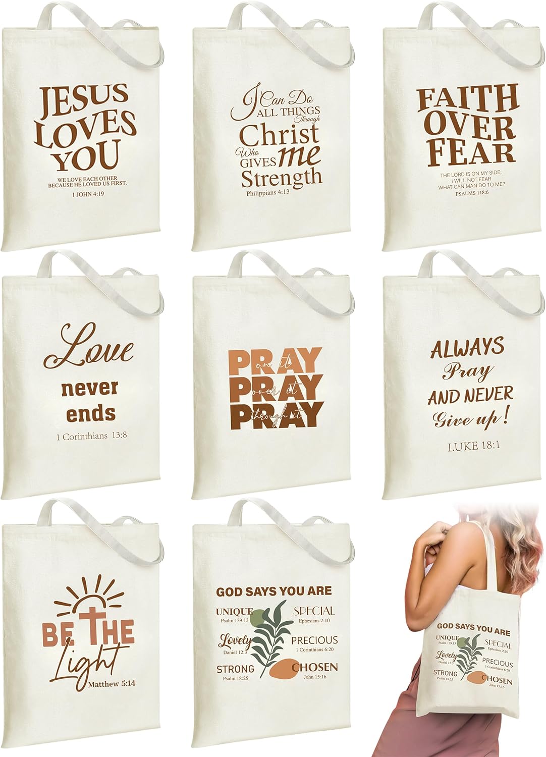 8 Pcs Christian Floral Boho Tote Bags Bulk for Women Bible Canvas Totes Reusable Religious Bible Verse Grocery Bags