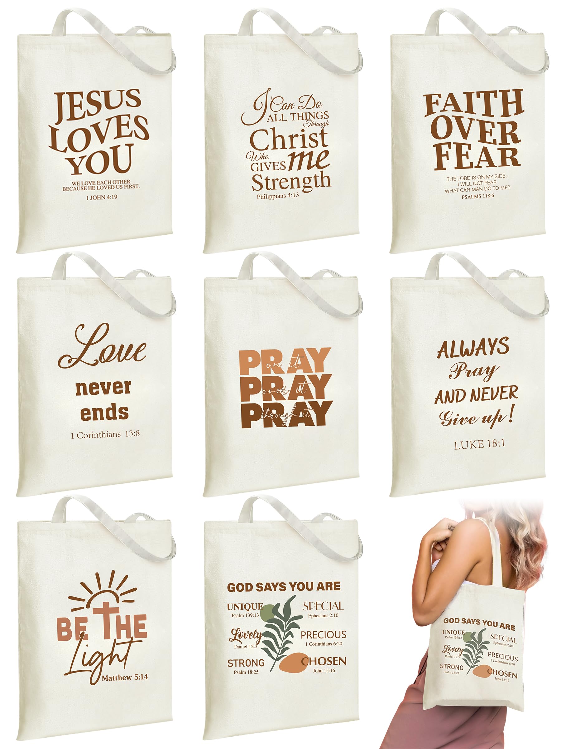 Kuabiz 8 Pcs Christian Floral Boho Tote Bags Bulk for Women Bible Canvas Totes Reusable Religious Bible Verse Grocery Bags