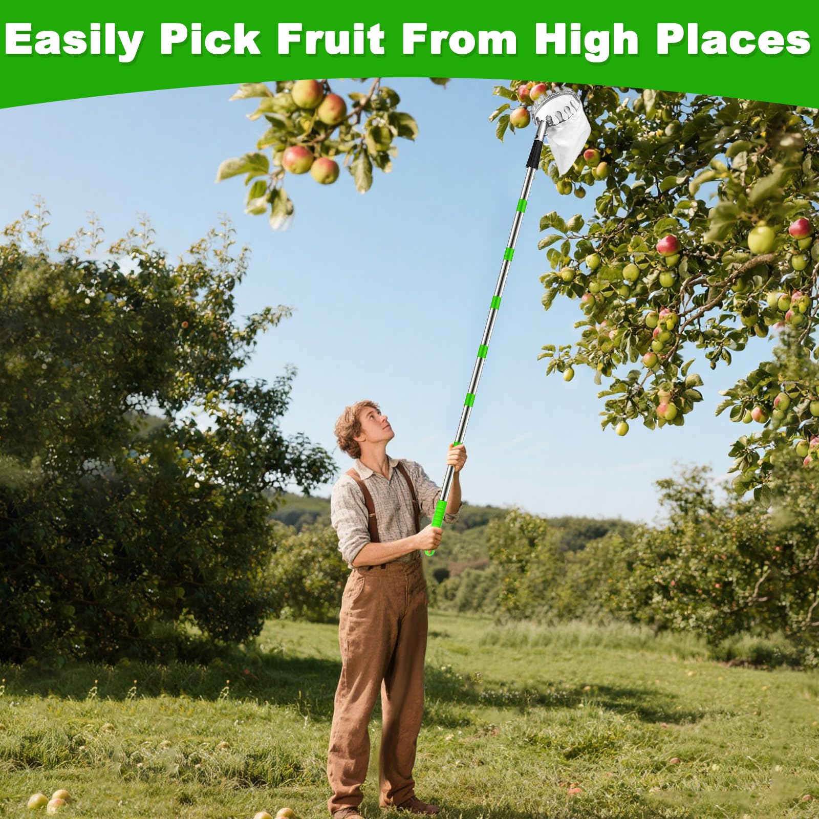 Recoge Frutas Telescópico 2,8 m con Varillas Extensión y Bolsa de Tela, Recogedor de Frutas Acero Inoxidable Ligero, Herramientas Recolectoras Manzanas Ajustable para Naranjas, Cítricos, Cereza, Mango