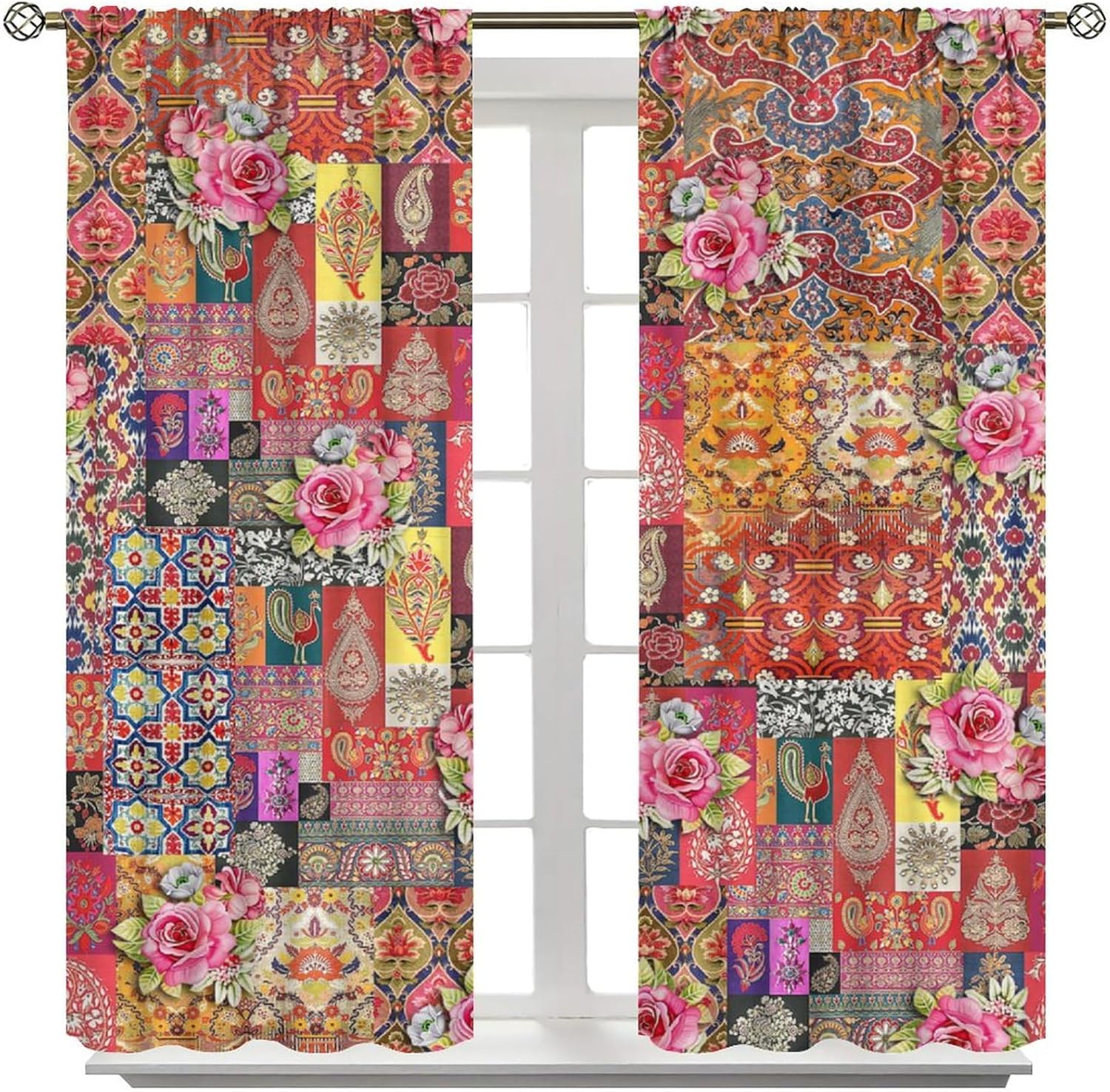 Boho Patchwork Blackout Window Curtains Bohemian Style Stitching Colorful Floral Vintage Retro for Home Kitchen Restaurant Decoration Window Curtain 2Panel 42" W X 45" L