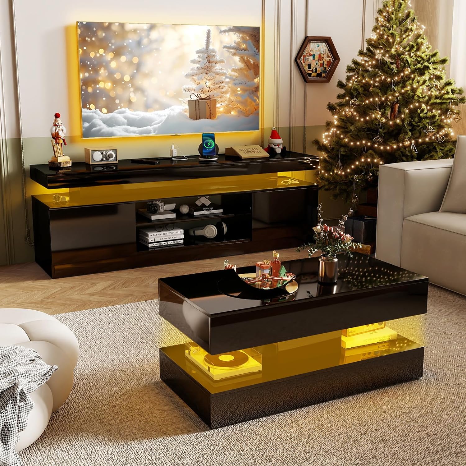 Verano Garden 2-Piece LED High Gloss Living Room Table Set, Includes 63" Modern TV Stand with LED Lights and Power Outlet, 2-Tier LED Coffee Table with 2 Drawes for Living Room, Black