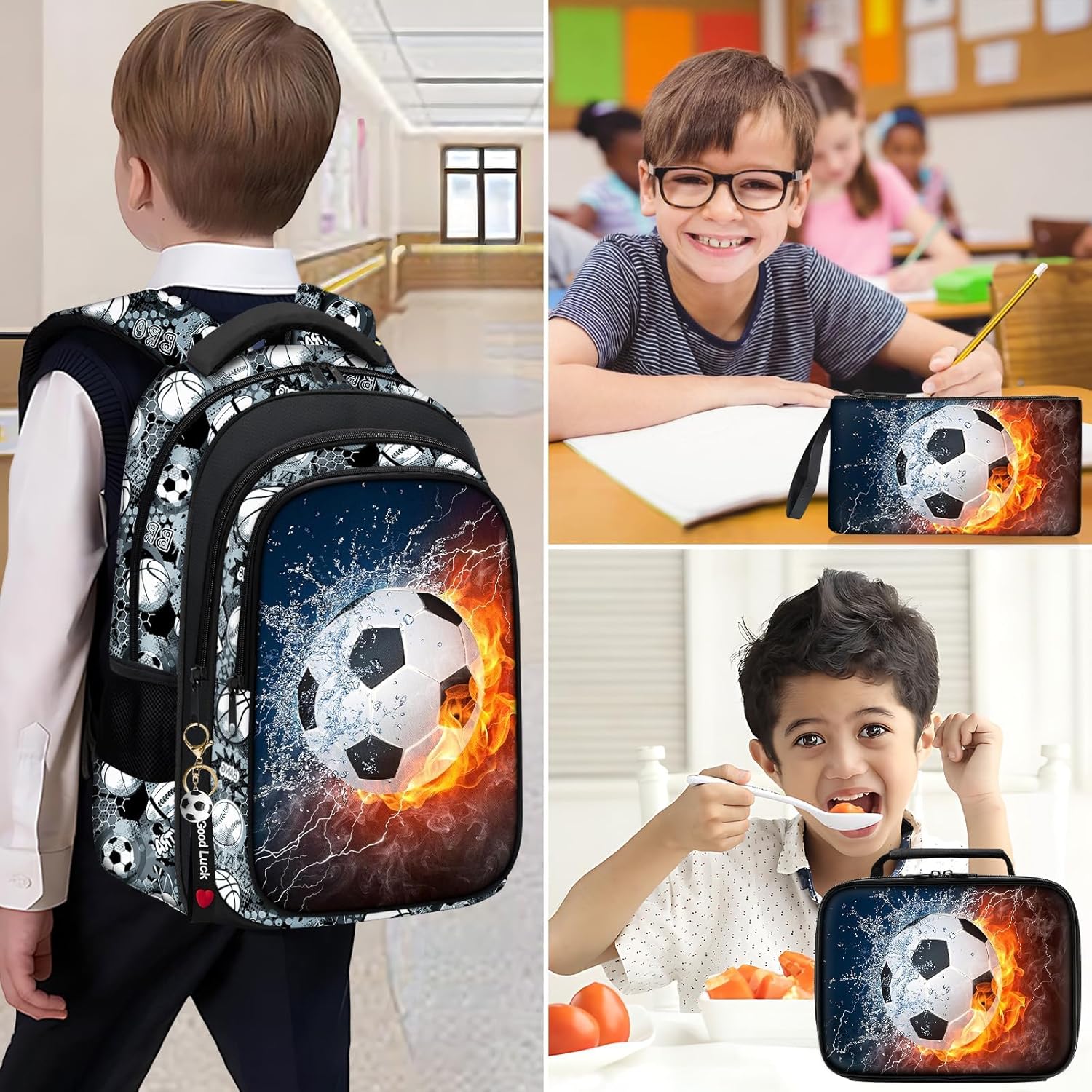 School Backpack for Boys - 4pcs Soccer Boys Backpack with Lunch Box Set for Kids Children Teens Elementary Middle School - 17″ Sport Bookbag Travel Back Pack for Age 6-18 - Image 8