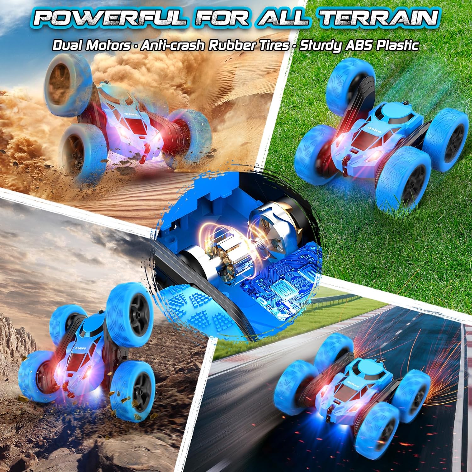 cosone Remote Control Car, RC Cars Toys for Kids Ages 6-12, 4WD Stunt Car with LED Lights & 360° Flips, 2.4GHz, Upgraded USB-C Modular Batteries, 6-10 Year Old Boys Birthday Gift - Blue