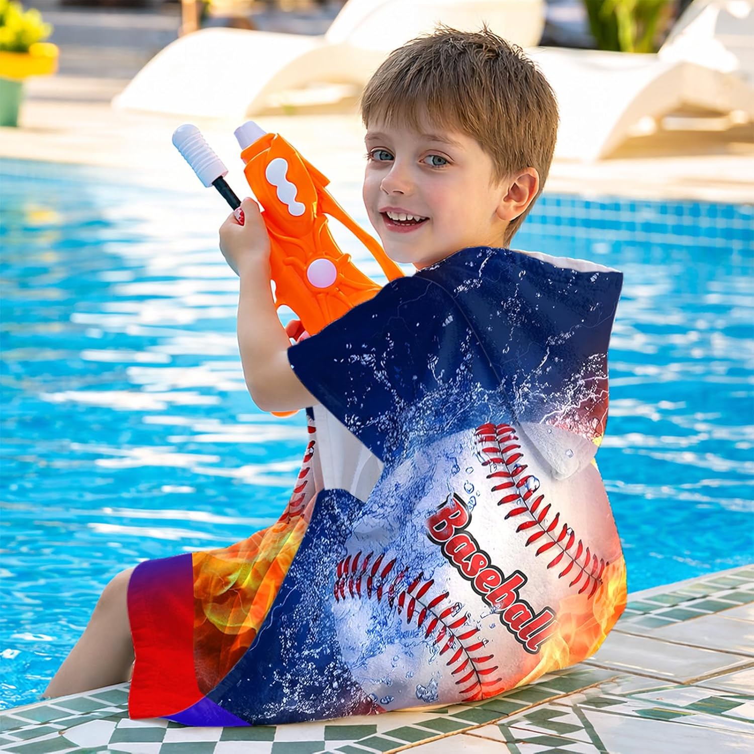 Kids Hooded Beach Towels Wrap for 8-14 Years,Cute Baseball Theme Boys Swim Cover Up for Bathroom，31"x39" Quick Dry Blue Red Large Bath Towel Poncho,Perfect for Travel Vacation,Pool Party,Swimming