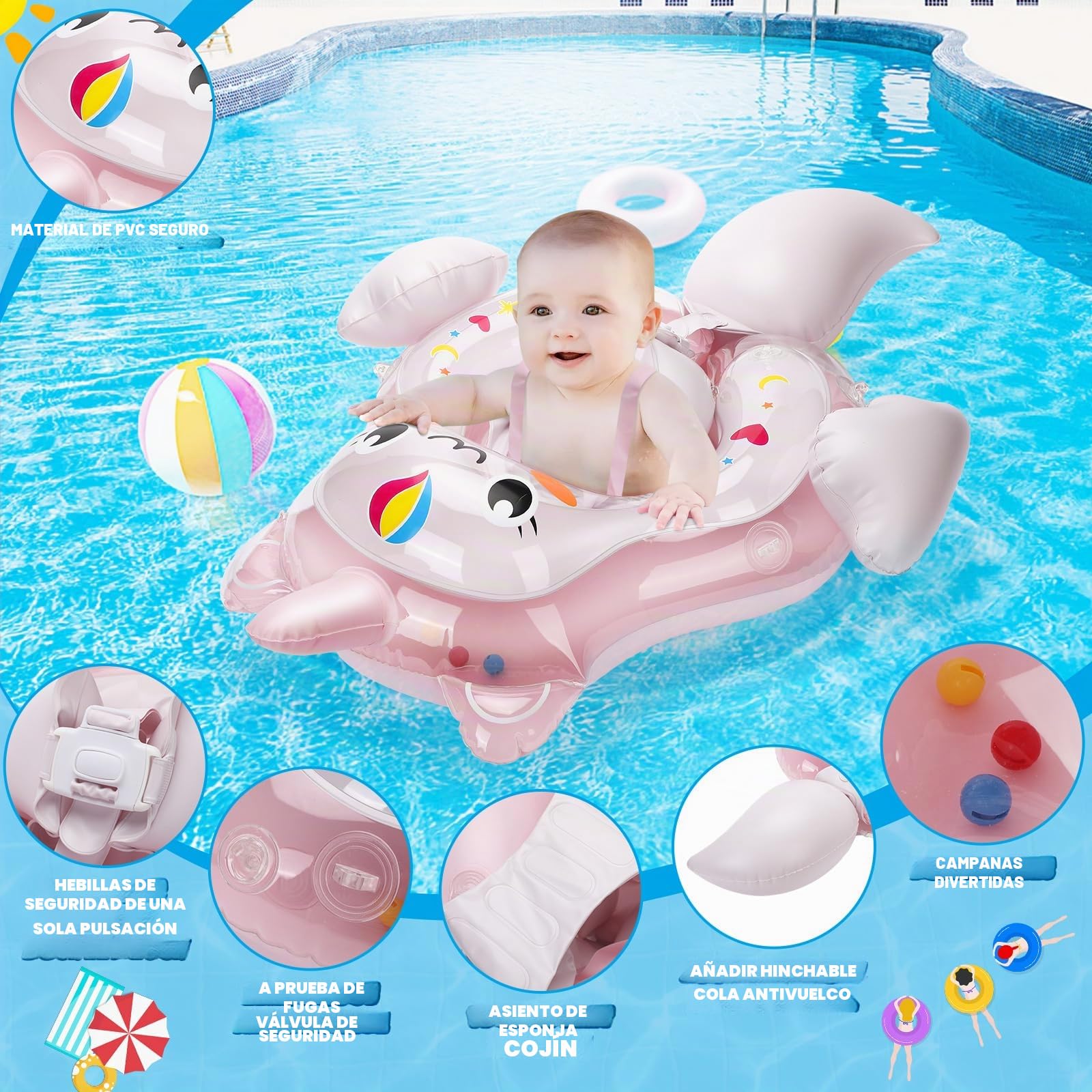 Flotador para Bebé, Flotador Bebe con Sombrilla SPF50+, Flotador Bebe Inflable con Cola de Apoyo Inferior Flotadores de Piscina para Bebés con Asiento Seguridad y Bomba para Bebé 8-24 Meses