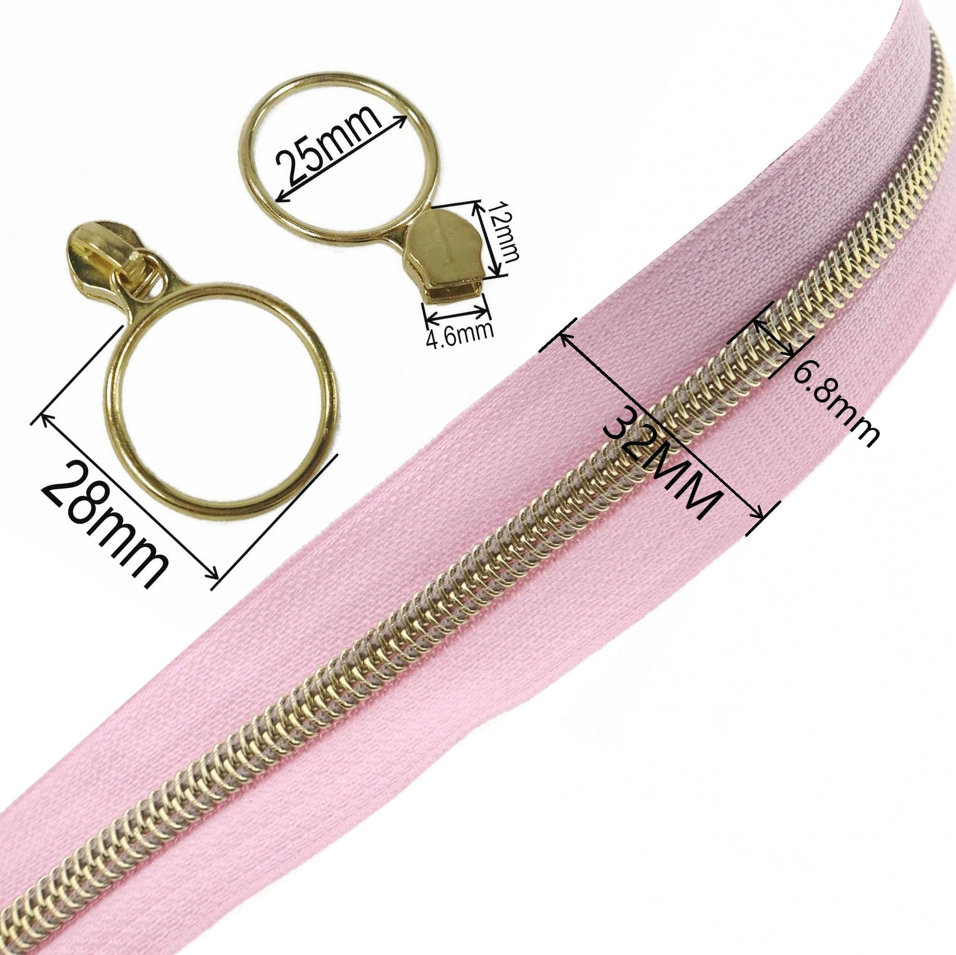 Leekayer #5 Gold Metallic Nylon Coil Zippers by The Yard Bulk 10 Yards Pink Zipper Tape with 25pcs Gold Ring Pull Sliders for DIY Sewing Tailor Craft Bag(Pink) - Image 2