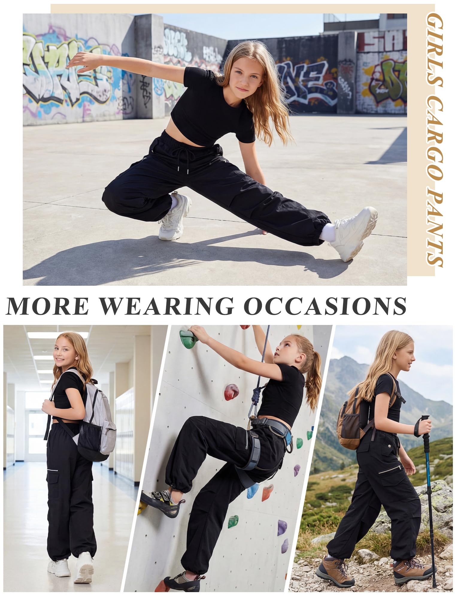 Maeau Meau - Pantalones cargo para niñas, cintura elástica alta, con cordón, pantalones holgados con múltiples bolsillos, ropa de calle casual, pantalones cargo de secado rápido para deportes casuales