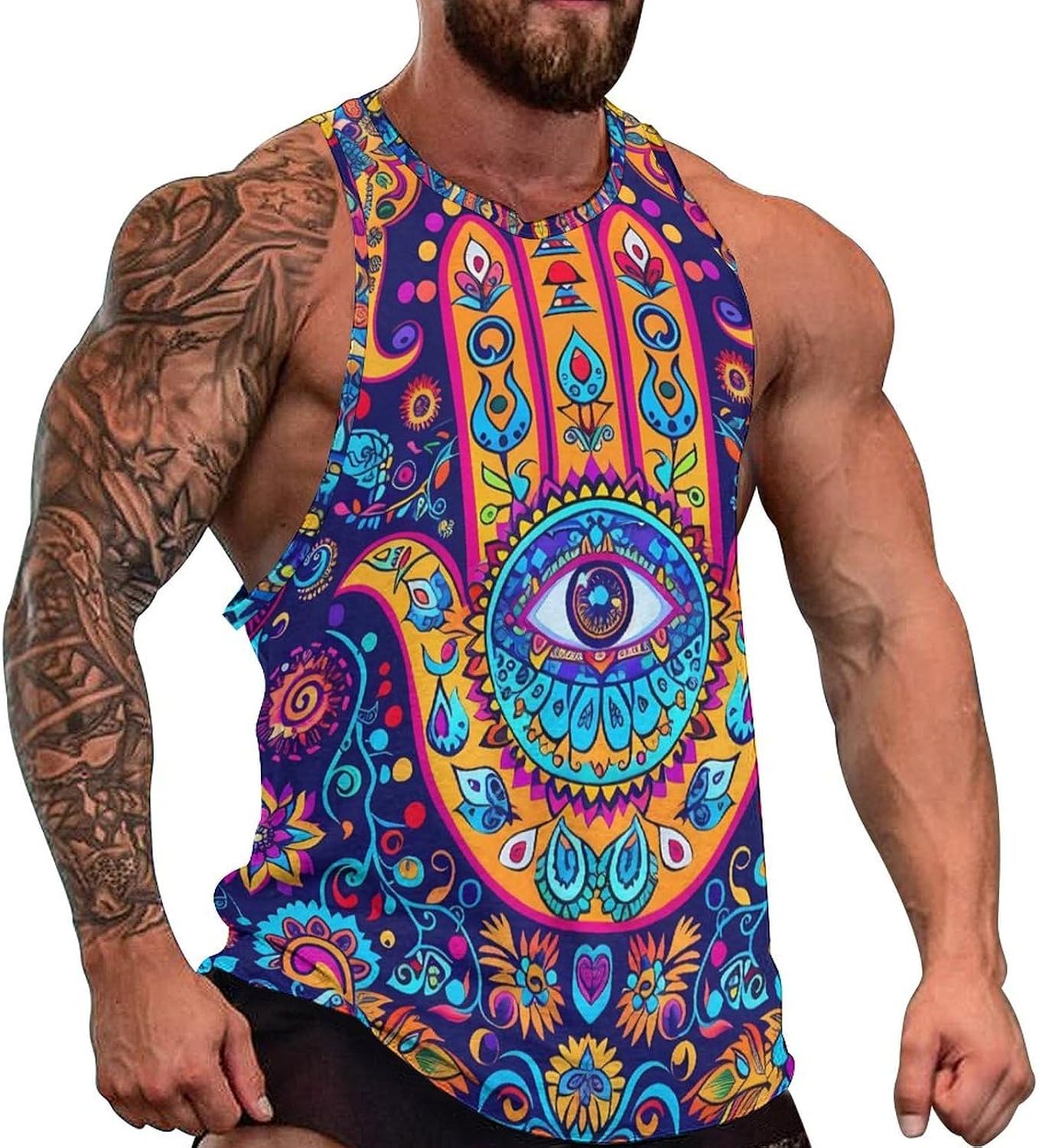 Hamsa Hand of Fatima Meditation Mandala Mens Tank Tops Sleeveless Muscle Shirts Beach Casual Gym Shirt Vest Tee Tops