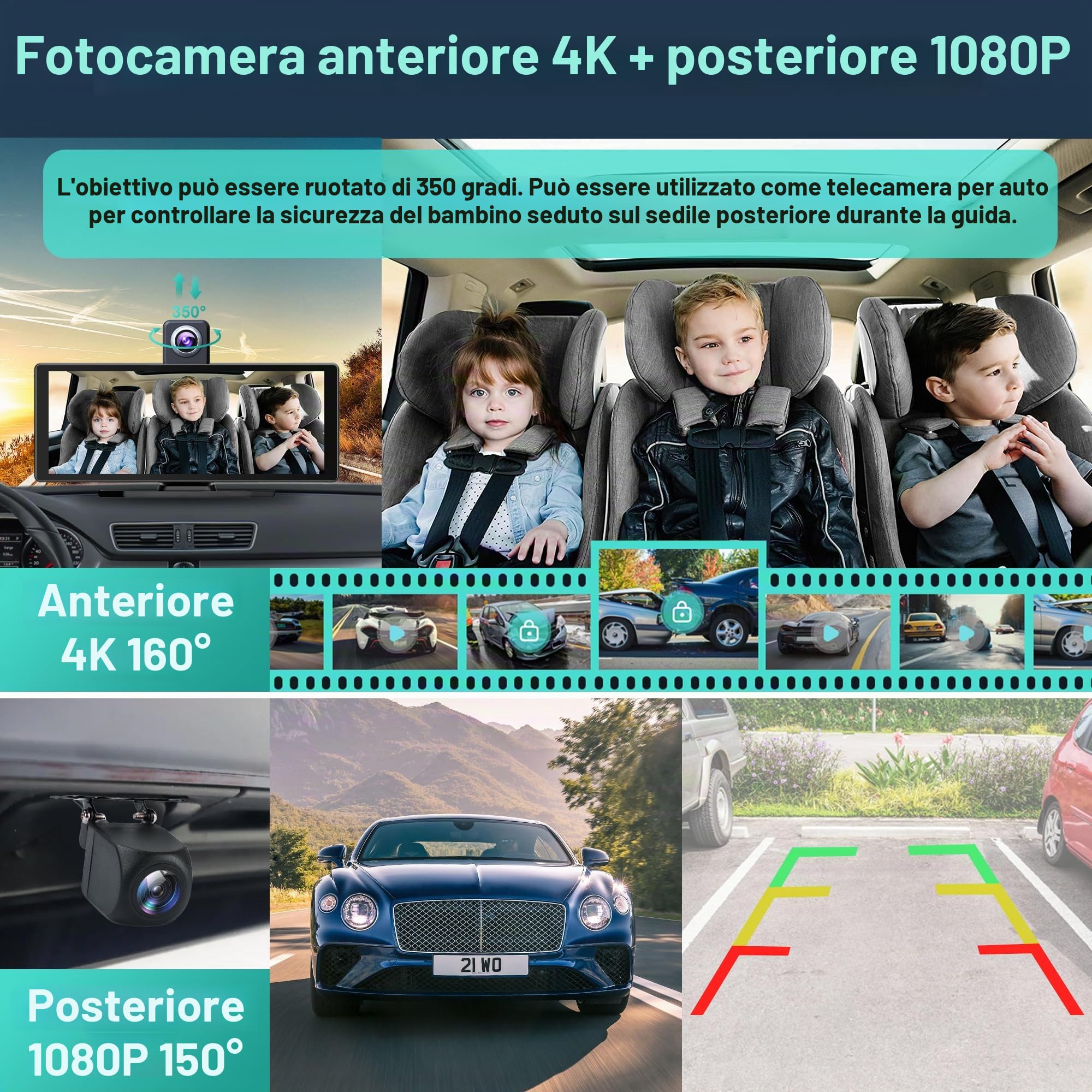 Audio Portatile Per Auto, 10.26" Schermo Carplay,car play per auto android con doppia telecamera anteriore + posteriore 4K 1080P, riproduzione car play wireless con Mirror Link/S-iri/AUX/64G TF