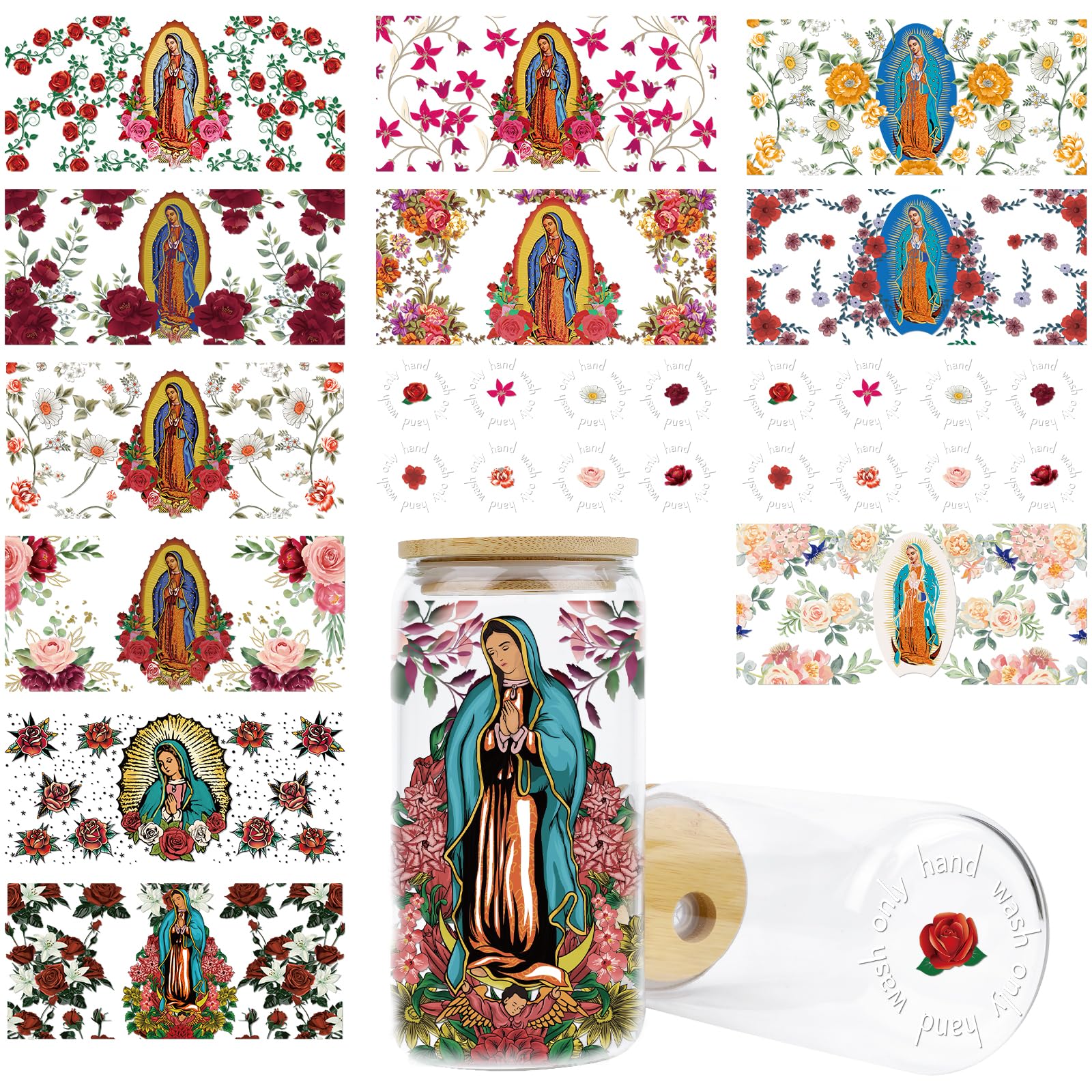 Rngmsi UV DTF Cup Wrap - 14 Sheets Guadalupe UV DTF Cup Wraps for 16 oz Glass Religious Catholic Uvdtf Decals Flower Personalized Rub on Transfer
