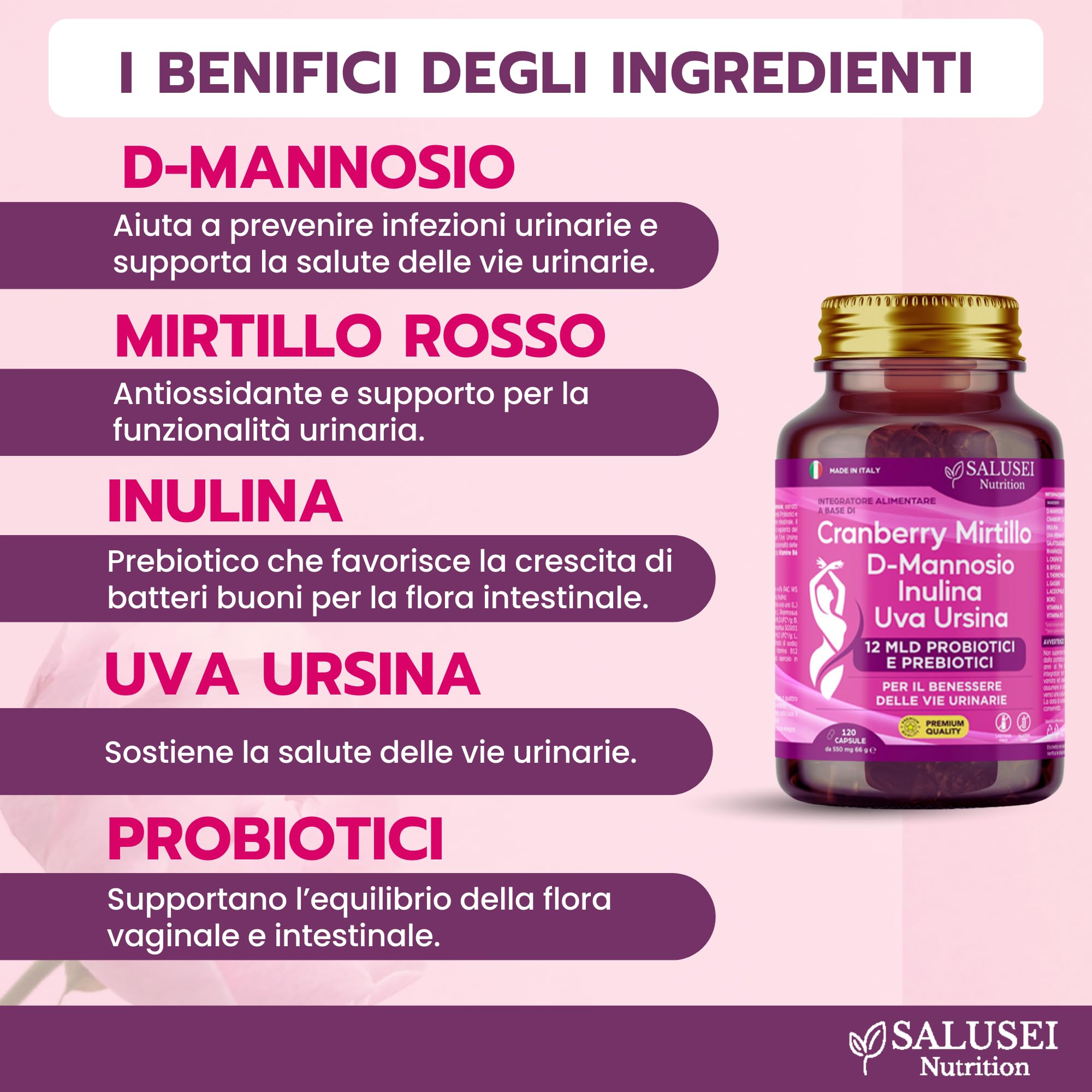 120 CAPSULE | D Mannosio per Cistite, Probiotici Donna, Cranberry Cyst Integratore Alimentare con Uva Ursina, Inulina e Mirtillo Rosso per Salute Viee Urinarie, Candida Support, D-Mannosio