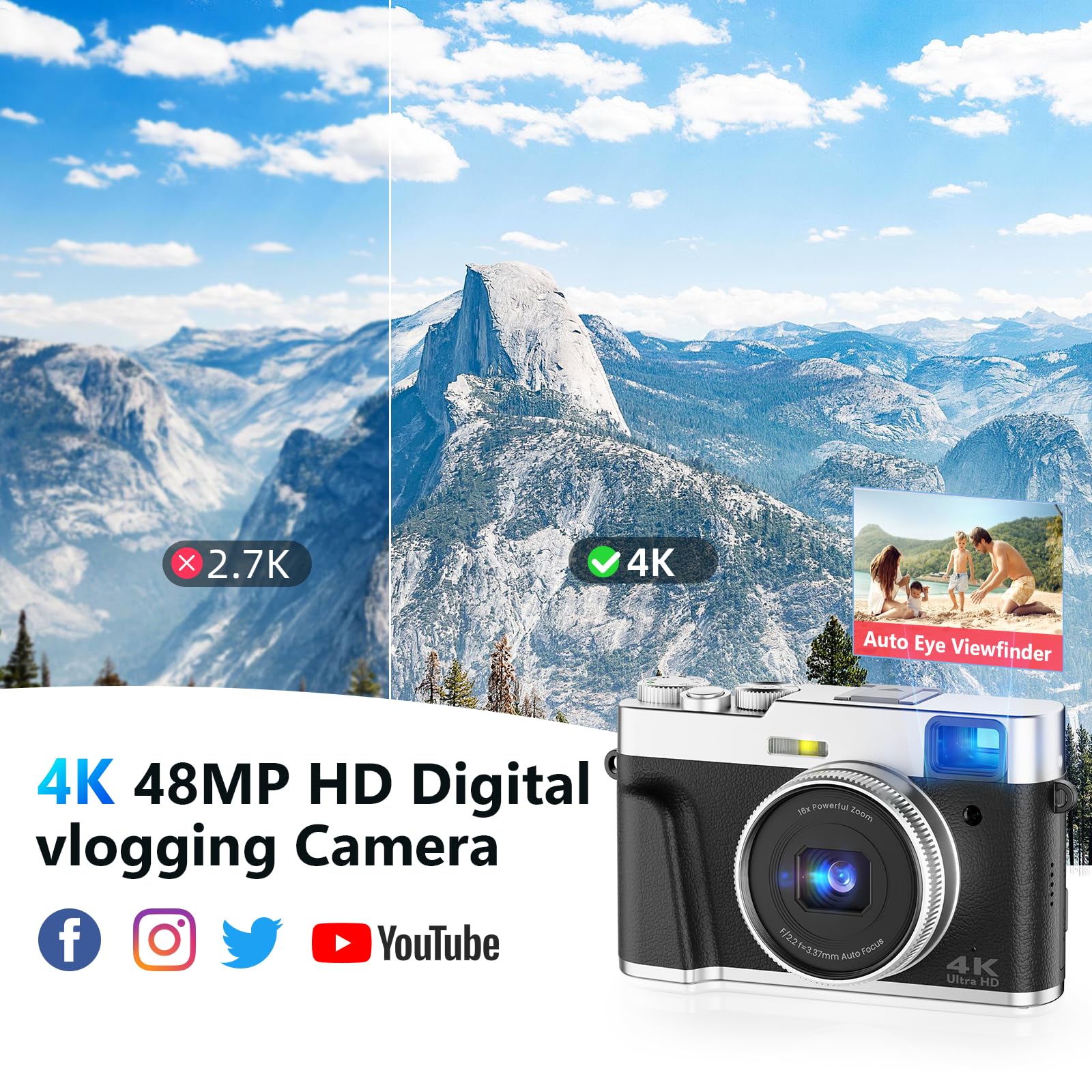 Digitalkamera 4K 48MP Autofokus Fotokamera mit Optischem Sucher, Vlogging Digital Kamera mit 32G SD-Karte 16X Zoom 2 Akkus Fotoapparat Kompaktkamera für Anfänger, Erwachsene, Jugendliche-Schwarz