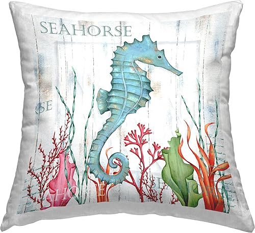 Stupell Industries Emma Leach - Almohada rústica con diseño de caballito de mar azul, 18 x 18 pulgadas