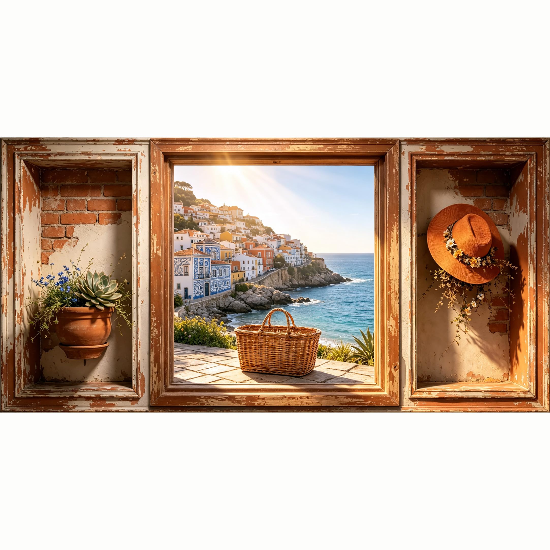 QZLITHOTIC 50x100cm 3D Framed Wall Art， Mediterranean Seaside Village Coastal Landscape Self‑Adhesive Mural， Water‑Activated Peel & Stick Fabric Decor Wall Decal for Bedroom Living Room