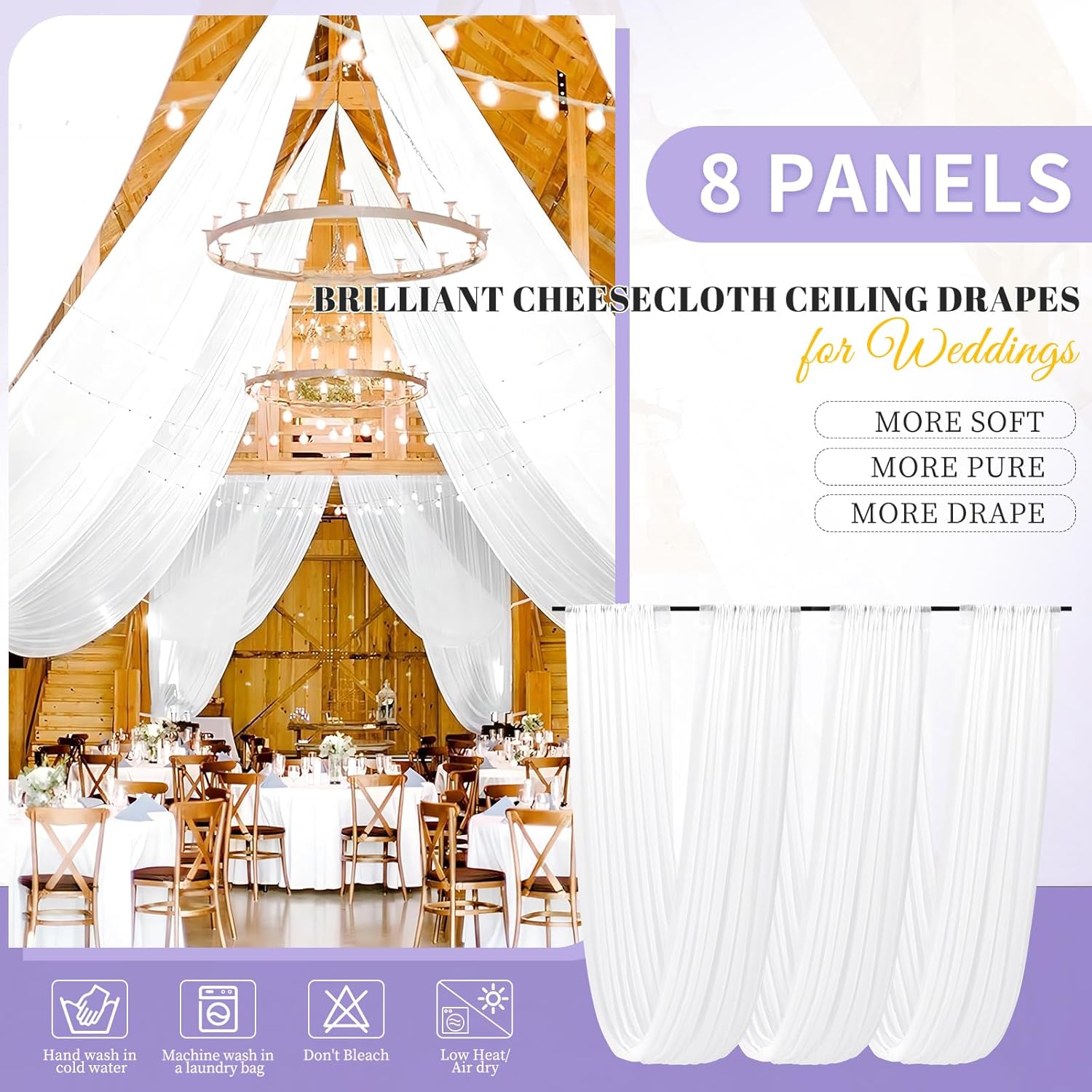 8 Panels White Ceiling Drapes for Weddings - Cheesecloth Sheer Fabric for Draping, Chandelier Hanging Decorations, Stage Arch, Event Drapery, Tent (5ftx20ft)