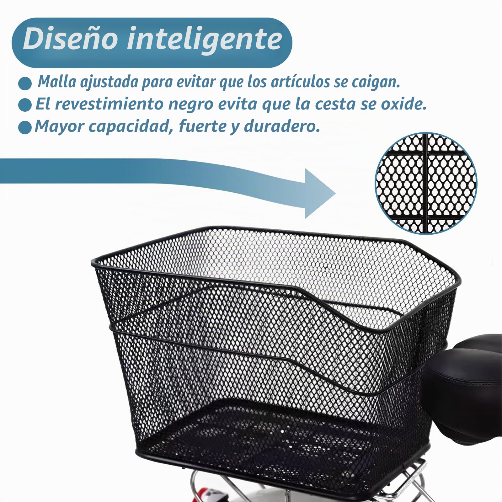 Cesta Trasera para Bicicleta, Cesta para Bicicleta de 40x30x20 cm, Cesta Trasera Grande para Bicicleta, Cesta para portaequipajes de Metal, Cesta para portaequipajes Negra con Forro para Cesta