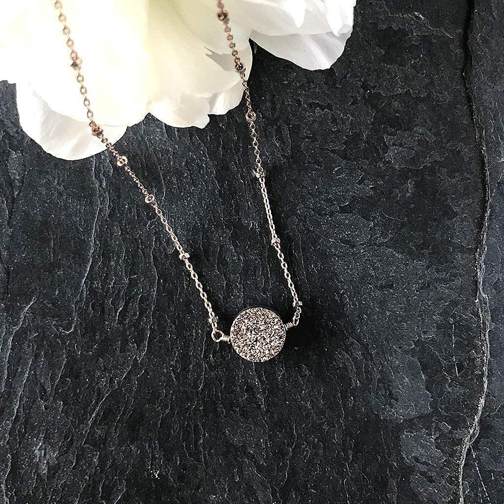 Designed By Stacey Handmade Rose Gold Druzy Necklace, Pink Geode Gemstone Pendant, Rose Gold-Filled Satellite Chain, Dainty Jewelry Gifts for Her, Mother's Day, Birthday, 16 to 18" Adjustable Length - Image 7