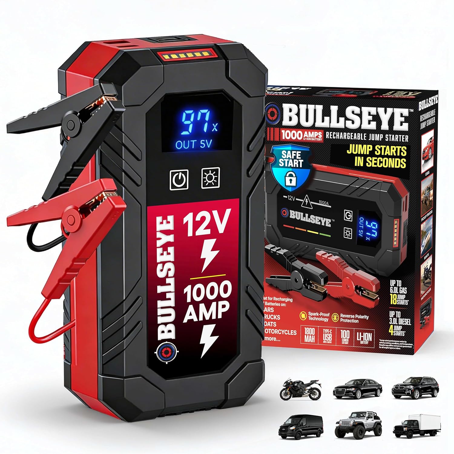 Bullseye Safety XL 1000A Car Battery Jump Starter Box with Jumper Cables, 12V Car Jump Starter Portable Booster for 6.0L Gas and 3.0L Diesel Engines, 2250 mAh Rechargeable, Reverse Polarity Protection