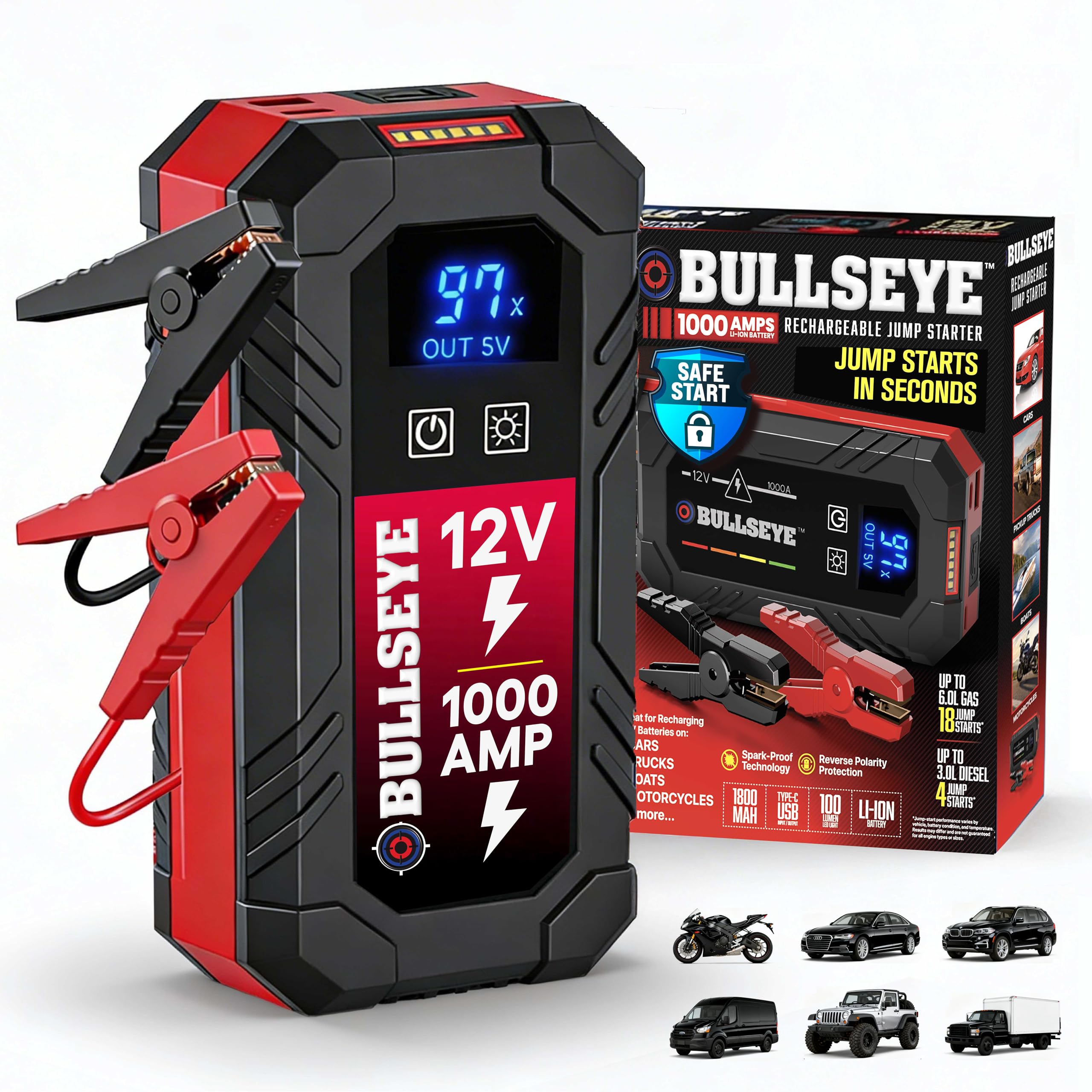 Bullseye Safety XL 1000A Car Battery Jump Starter Box with Jumper Cables 12V Car Jump Starter Portable Booster