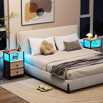 LOAKEKEL Bedside Table, Side Table with Charging Station, Bed Side Table | Night Stand with LED Light and 2 Fabric Drawers, Bedside Cabinet with Open Storage Shelf for Living Room, Bedroom, Gray