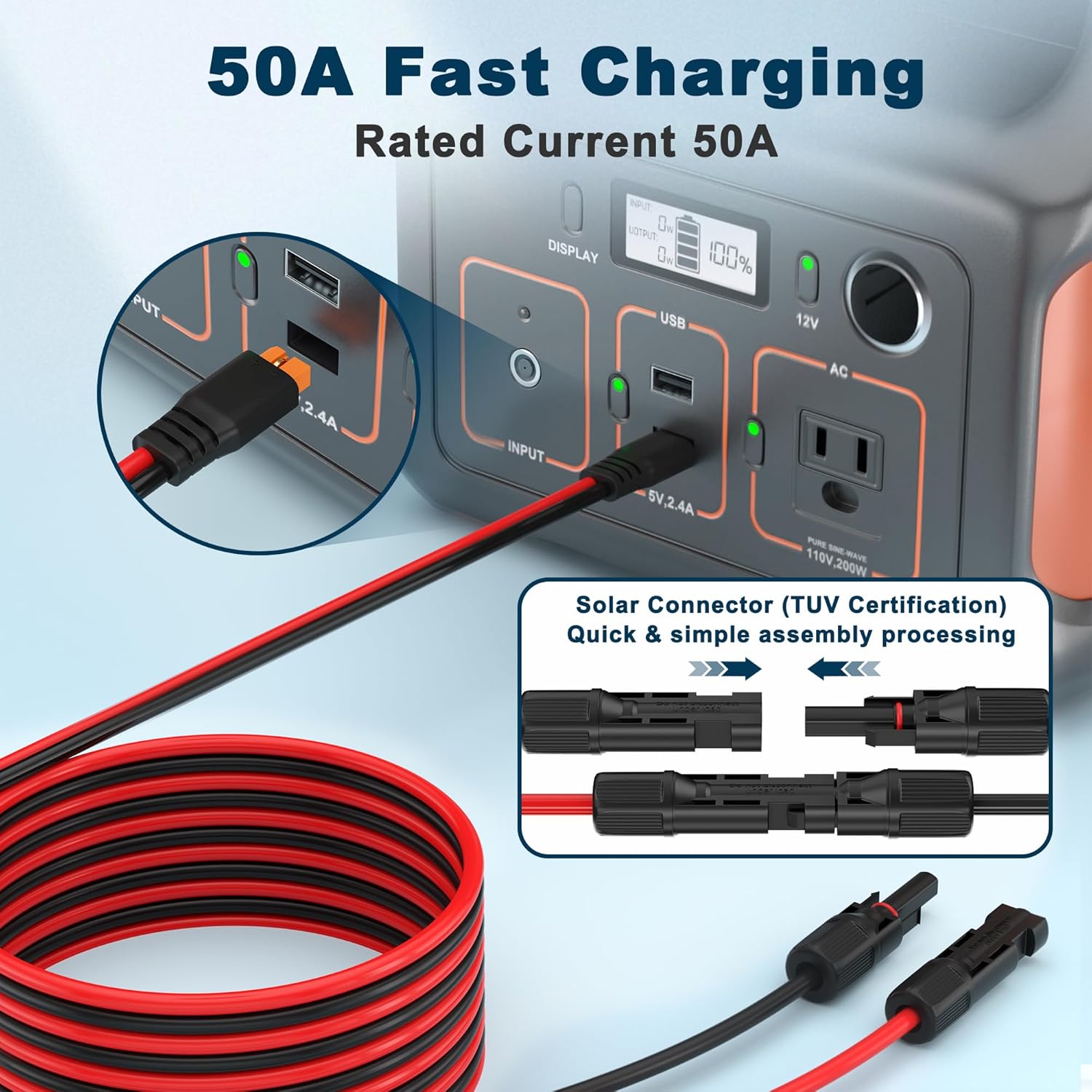 10AWG Solar Connector to XT60i Adapter Extension Cable Solar Panel to Potable Solar Power Generator/RV Foldable Solar Panel/Portable Power Station(30FT)