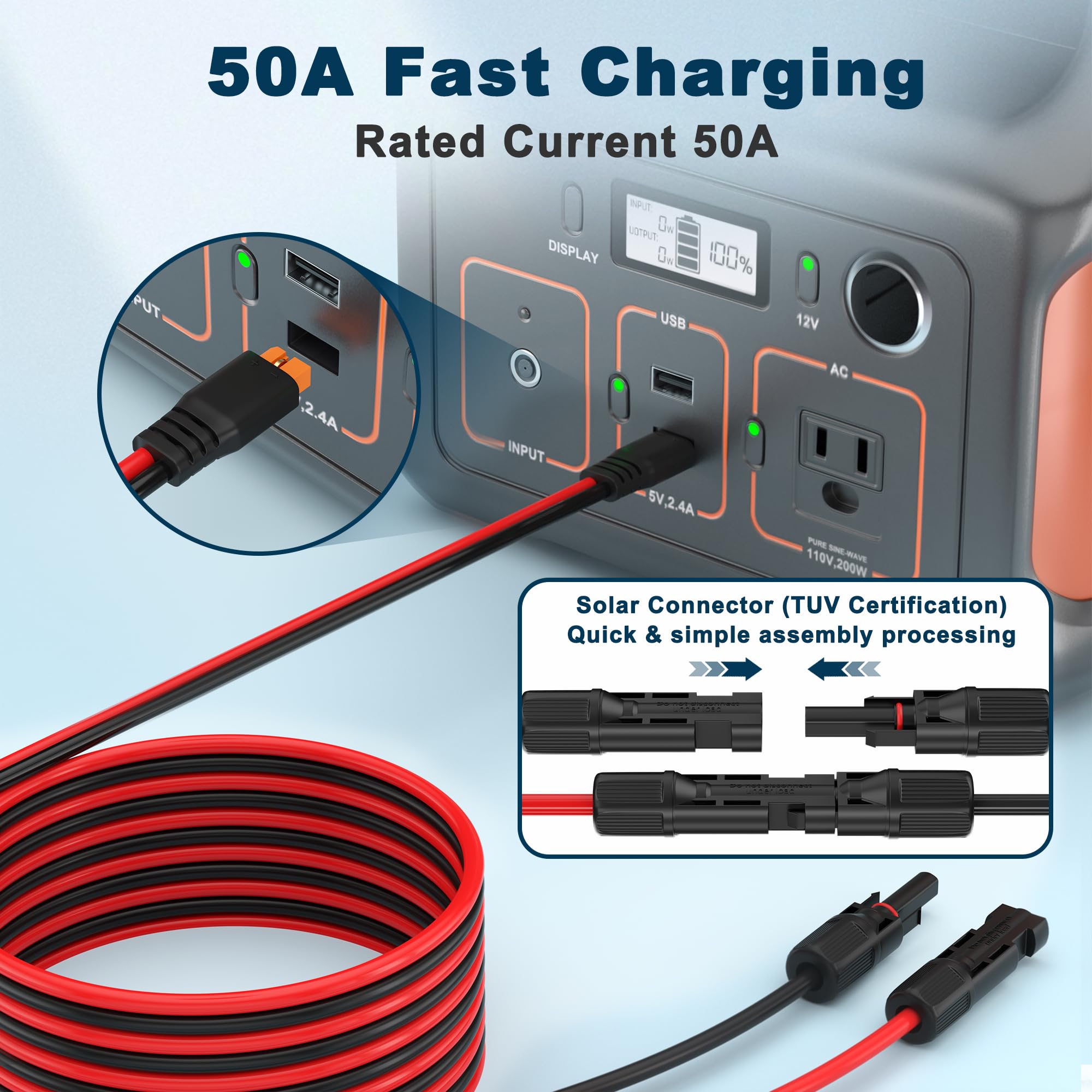 Cable de extensión de carga solar a XT60i, 12 AWG, 30 pies, XT60i, conector solar a XT60i, cable adaptador para panel solar a estación de energía portátil, generador solar, paquete de baterías