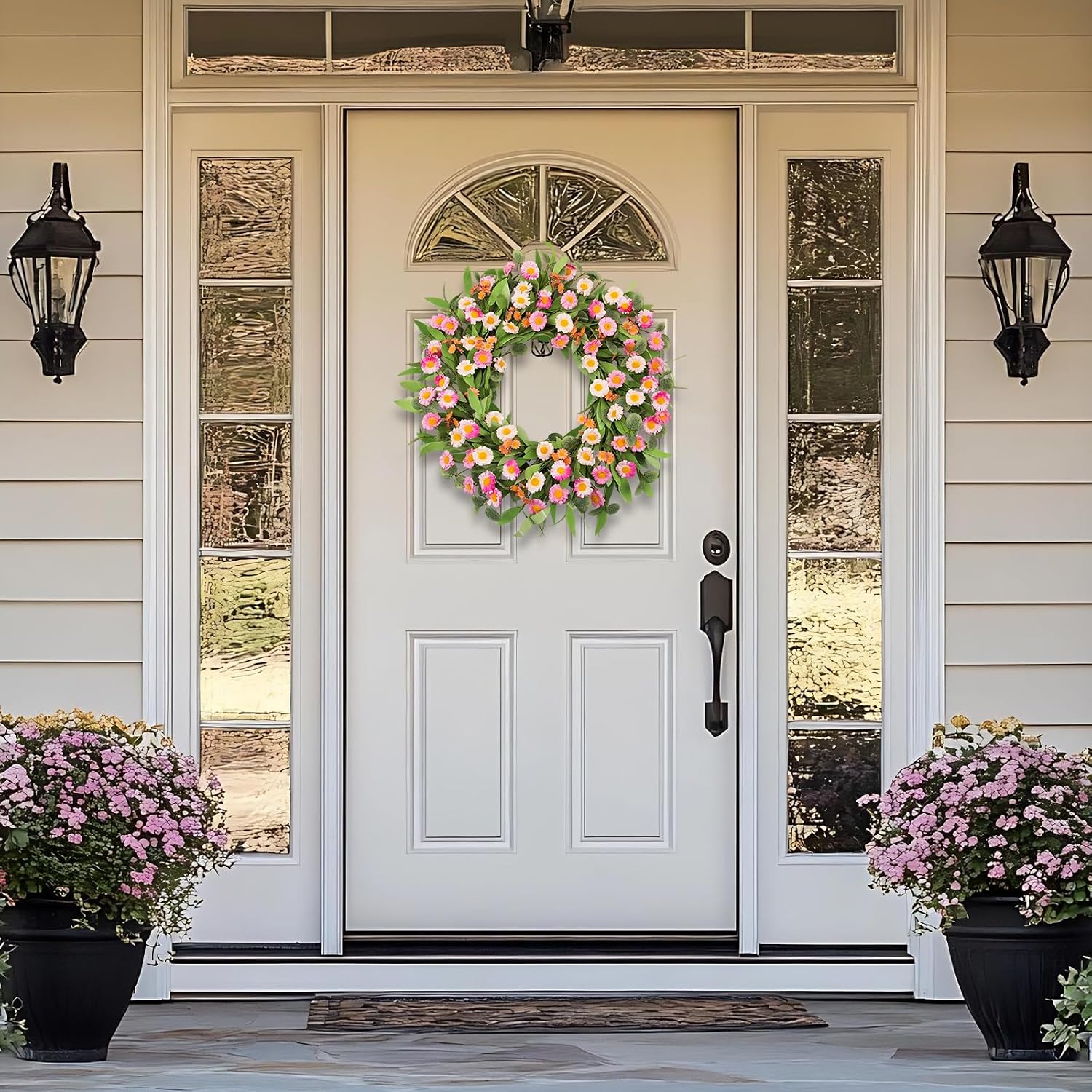 22Inch Spring Summer Wreath for Front Door, Pink White Daisy Flower Wreath with Green Eucalyptus Leaves, Artificial Floral Wreath for Farmhouse Home Wall Window Decor