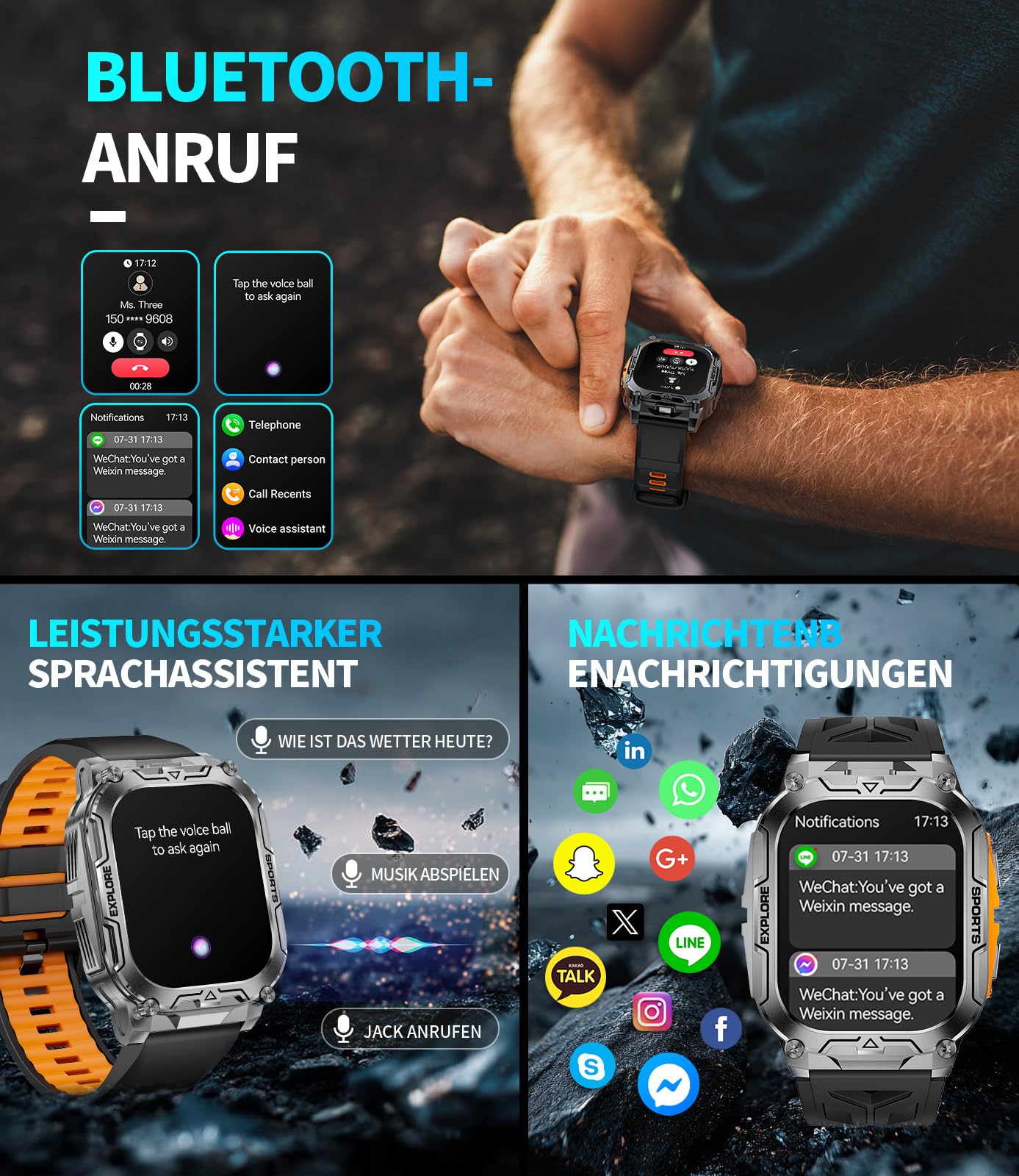 1000mAh Akku Smartwatch Herren Militär, 2.01" Sportuhr Herren mit Telefonfunktion/LED Taschenlampe, 100+ Sportmodi Fitnessuhr mit IP68,Herzfrequenz/Schlafmonitor,für Android iOS, Schwarz