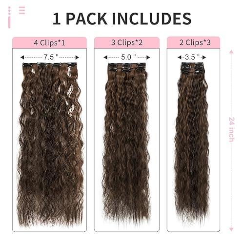 Miniatura 10 de FLUFYMOOZ Extensiones de cabello con clip, 6 unidades, extensiones de cabello sintético ondulado con clip, para mujer, 24 pulgadas (marrón oscuro
