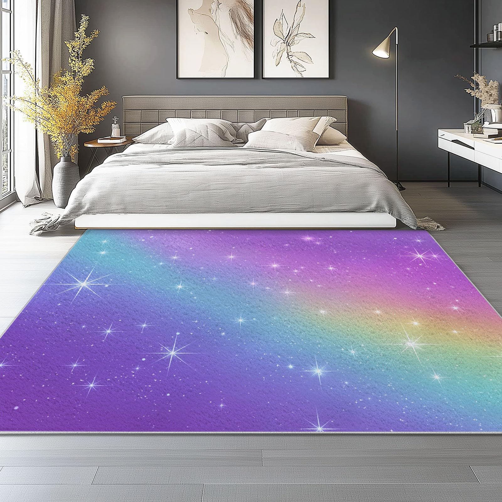 Bunt Flanell Teppich, Traumhaft Regenbogen Farbverlauf Sterne Bedruckter, Weicher Kurzflorteppiche, rutschfest und Waschbar, Bodendekoration 120 x 180 cm, Teppich für Wohnzimmer, Schlafzimmer & Büro