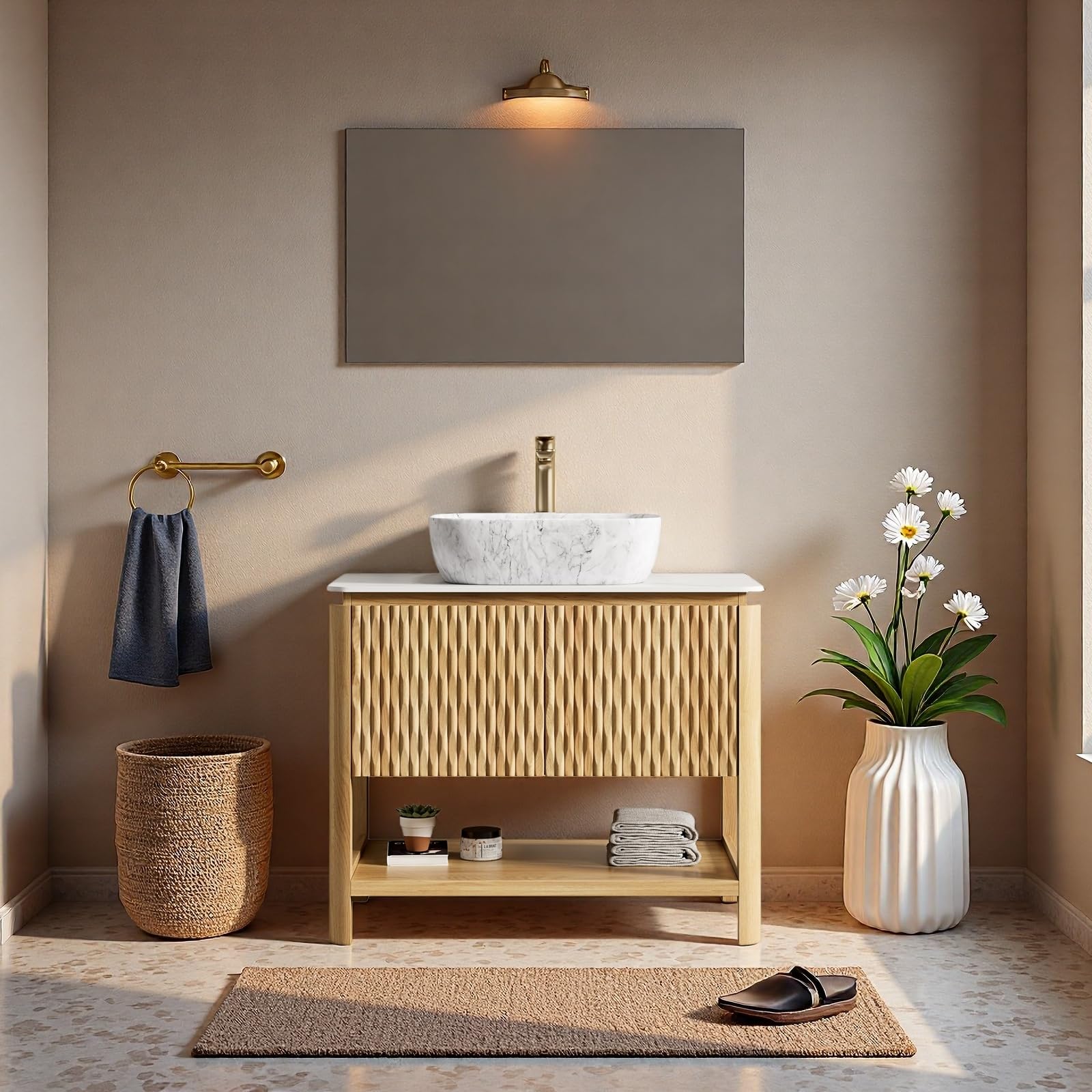 36" Bathroom Vanity with Sink, Freestanding Bathroom Storage Cabinet with Marble-Pattern Ceramic Basin &amp; 2 Bamboo Texture Doors, Floor Stand Vanity Combo with Bottom Open Shelf, Natural