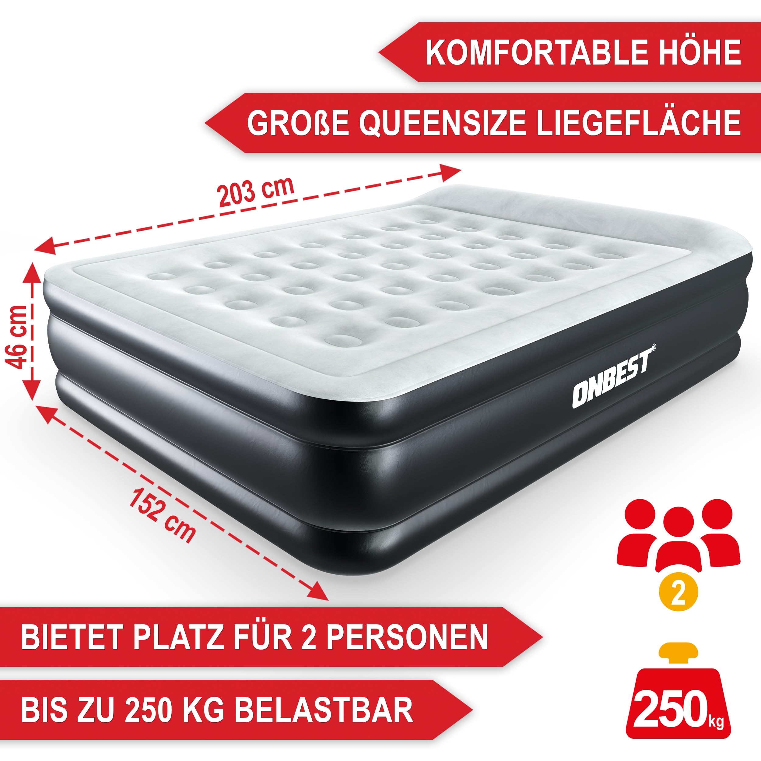 Onbest Luftbett selbstaufblasend – für 2 Personen – 203 x 152 x 46 cm -Luftmatratze mit elektrischer Pumpe – aufblasbares Gästebett in 3-5 Minuten – integriertes Kopfkissen (Schwarz)