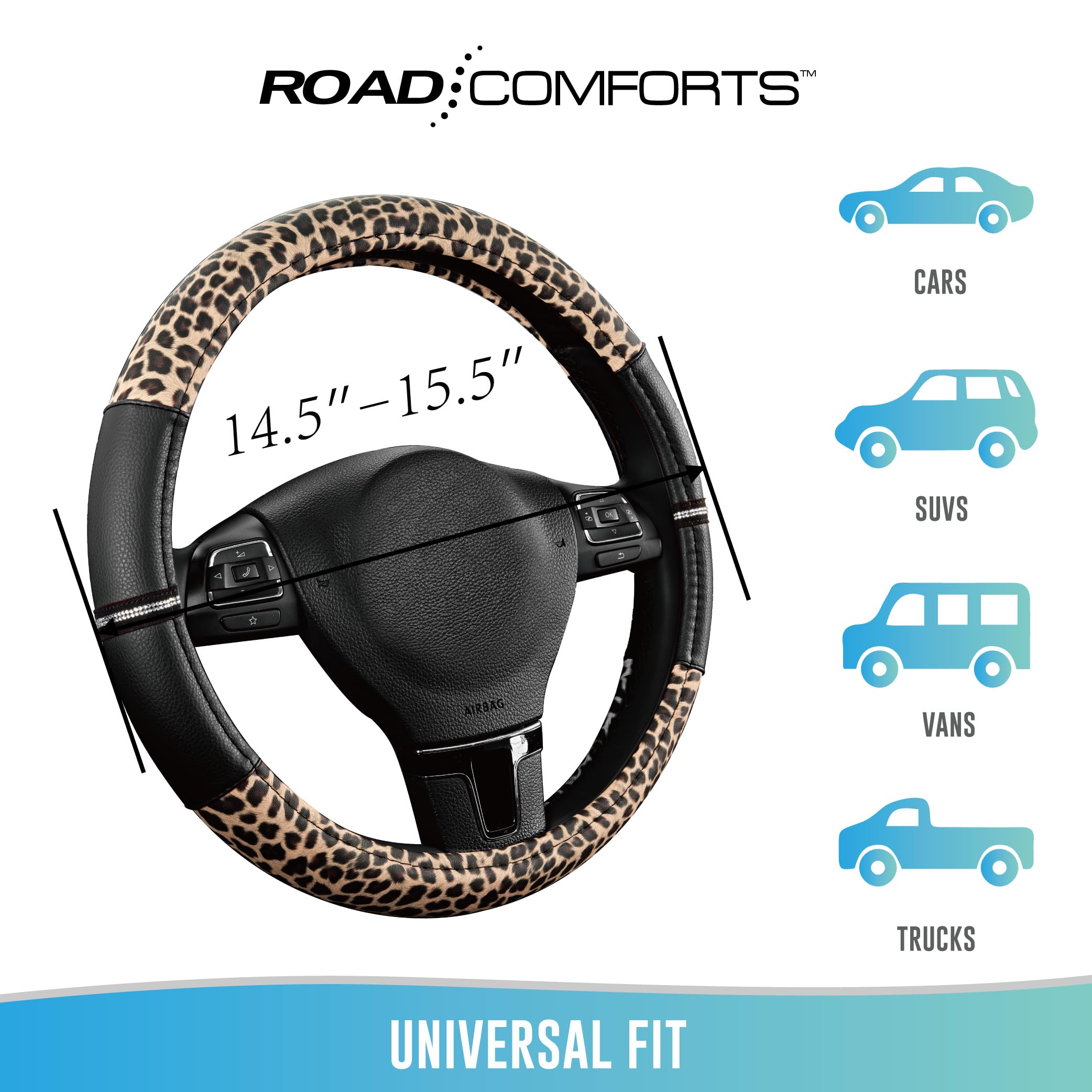 Road Comforts Leopard Steering Wheel Cover - Made with PVC Leather Cheetah Print - Anti-Slip Universal Fit 14 — view 7