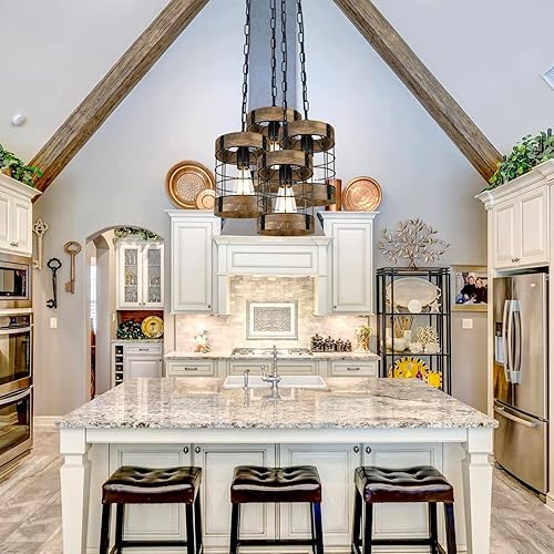 Miniatura 3 de Lámparas colgantes rústicas, iluminación colgante de madera de granja, lámpara de jaula redonda industrial para entrada, pasillo, comedor,