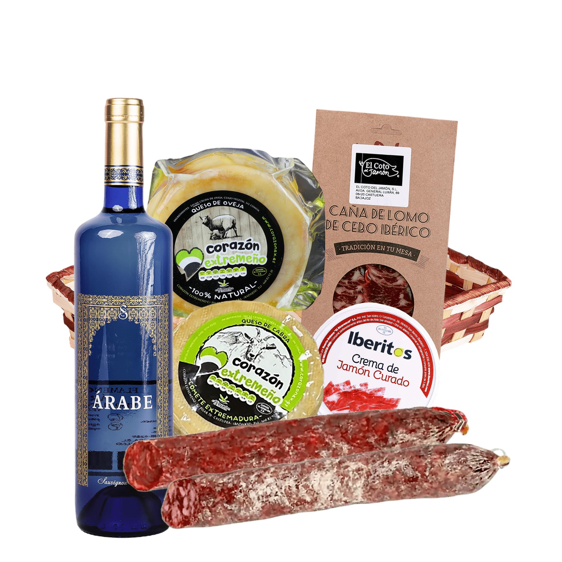 Cesta Navidad Gourmet Empresas – Chorizo y Salchichón Vela Ibérico, Lonchas de Lomo, Queso de Cabra y Oveja, Crema de Jamón Curado y Vino Blanco Árabe – Regalo Ibérico Premium – CORAZON EXTREMEÑO