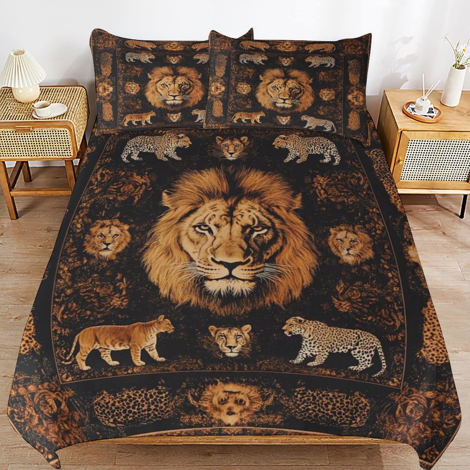 Housse de couette 135x200 lion et léopard avec 2 taies d'oreiller pour le lit enfant