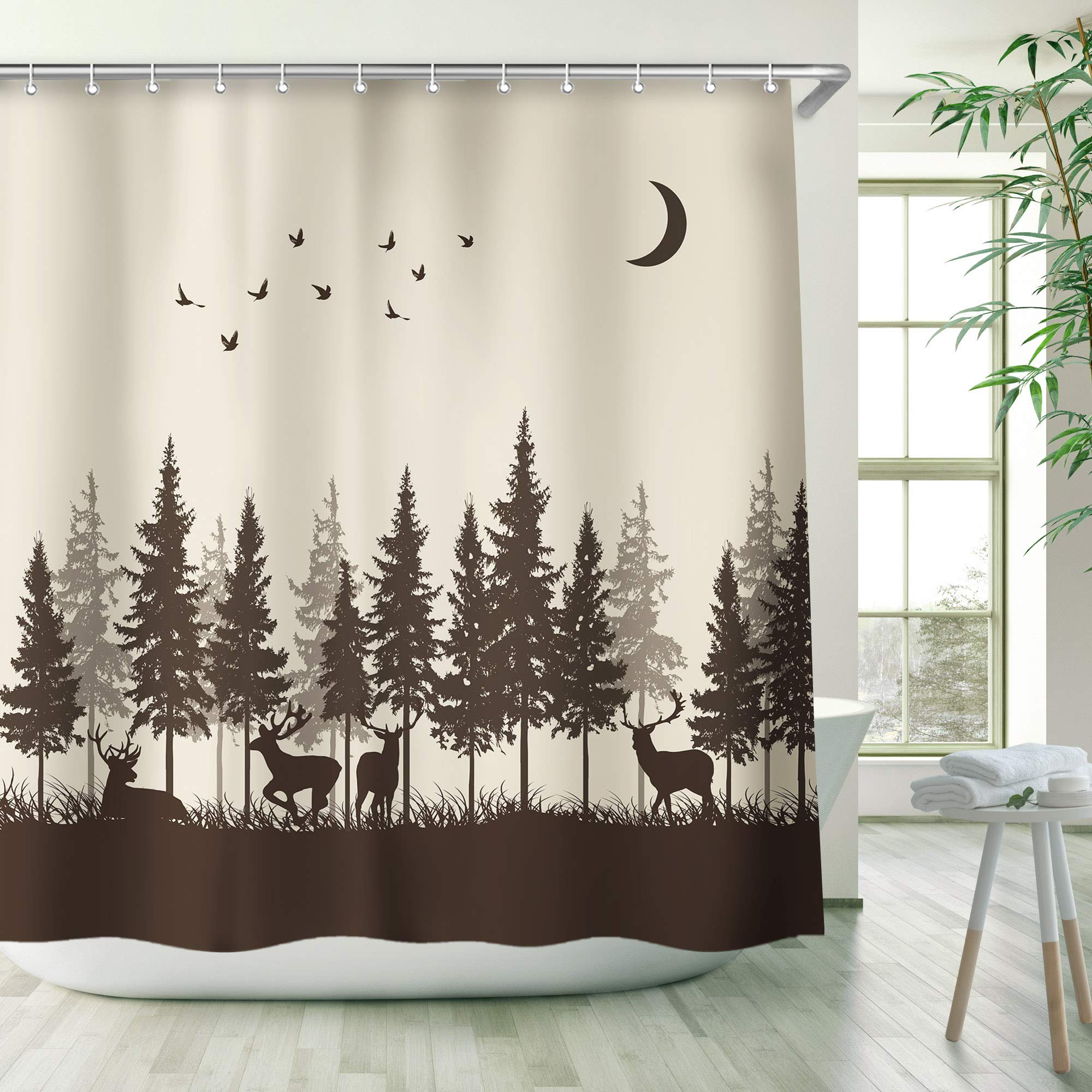 RosieLilyStacy Fay Deer in The Forest Shower Curtain Cabin with 12 Hooks Fog Bird Mountain Hunting Theme Yellow and Coffee Country Moose Rustic Bath Curtain Bathroom Decor 72 X 72 Inch(Brown)