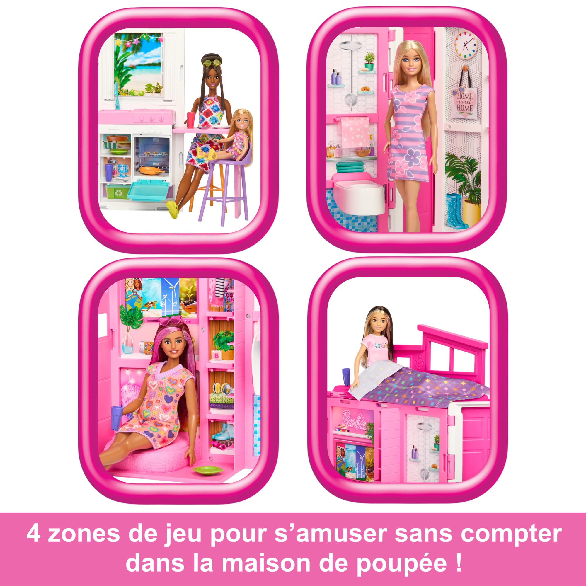 Barbie Maison de Vacances Coffret avec poupée, avec 4 Zones de Jeu Dont Une Cuisine, Une Salle de Bains, Une Chambre et Un Salon, 11 Accessoires de décoration, HRJ76
