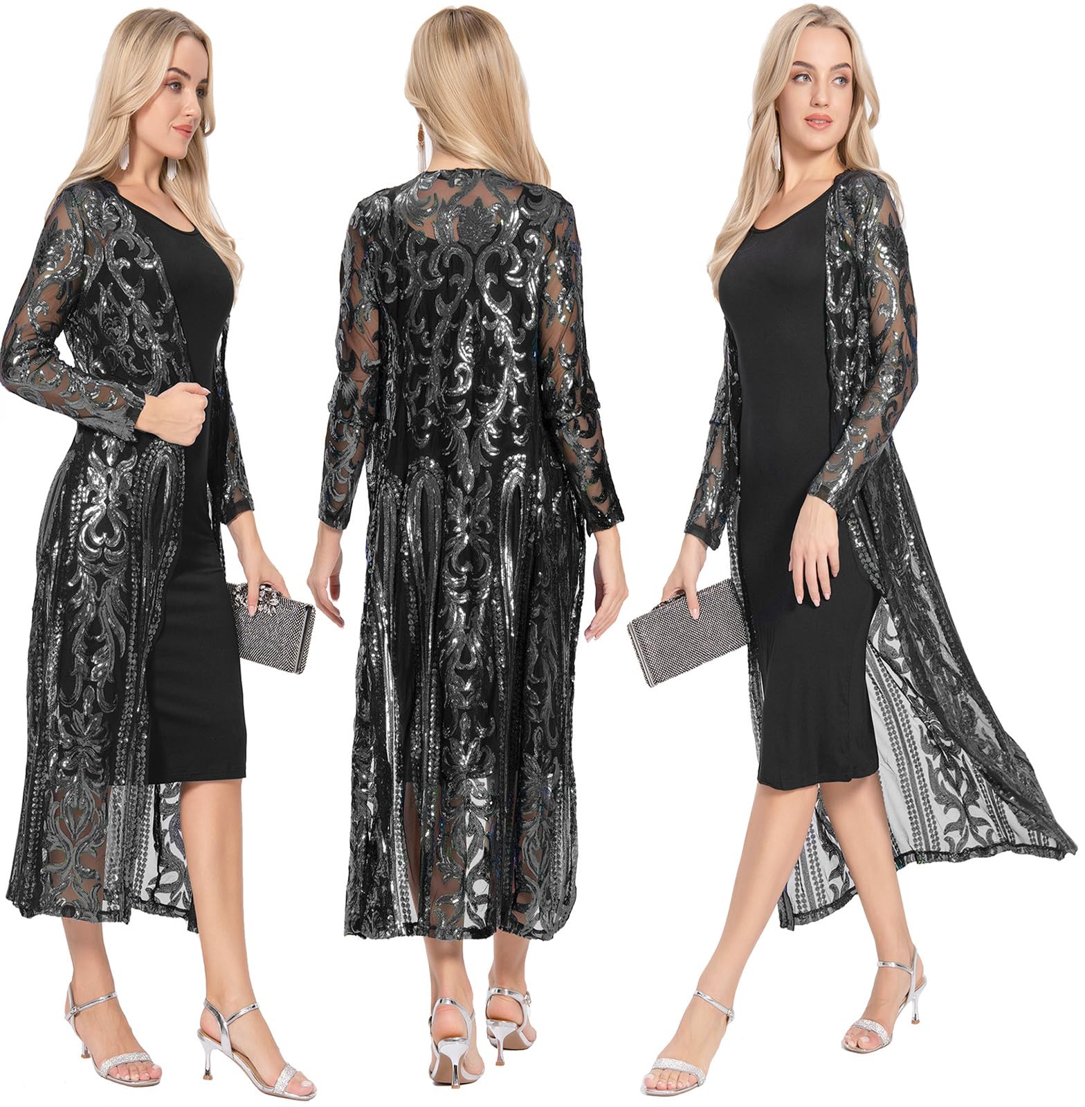 Womens Sparkling Sequin 1920s Cover Up Loose Open Front Long Sleeve Cardigan Coat Dress for Evening Party