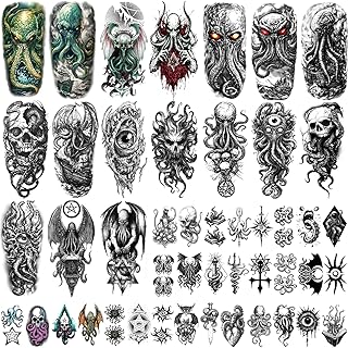 47 Sheets Halloween Temporary Tattoos Adult Kids Octopus Cthulhu Chthonic Horror Waterproof Fake Body Tattoos Stickers for Halloween Cosplay Conventions Scary Theme Parties