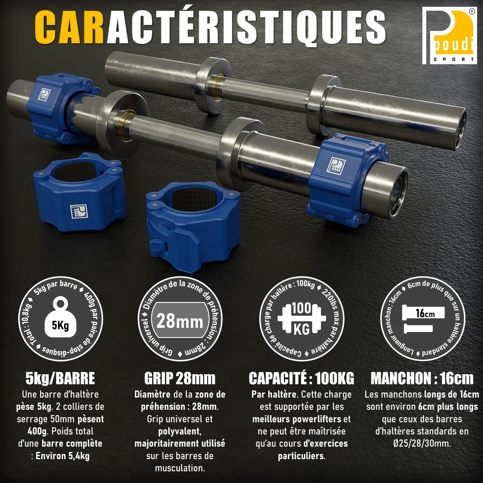 2 Colliers De Serrage POUDI SPORT Ø50mm - Pour Barres De Musculation - + Pinces à Ressort 28/30mm
