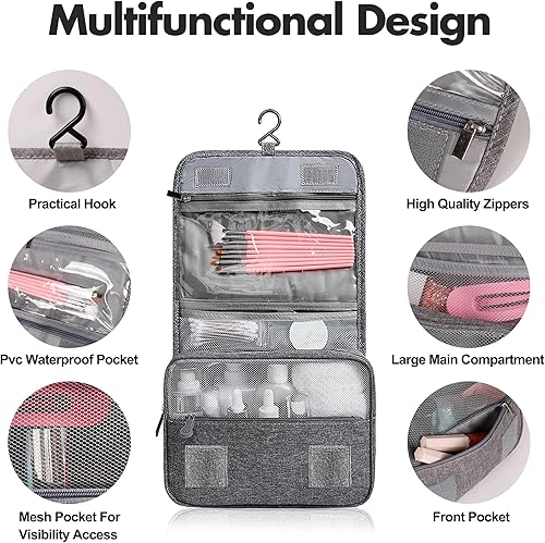 Miniatura 7 de Bolsa de aseo de viaje colgante impermeable para hombres y mujeres, bolsa de viaje cosmética gris, bolsa de maquillaje para universidad, campamento
