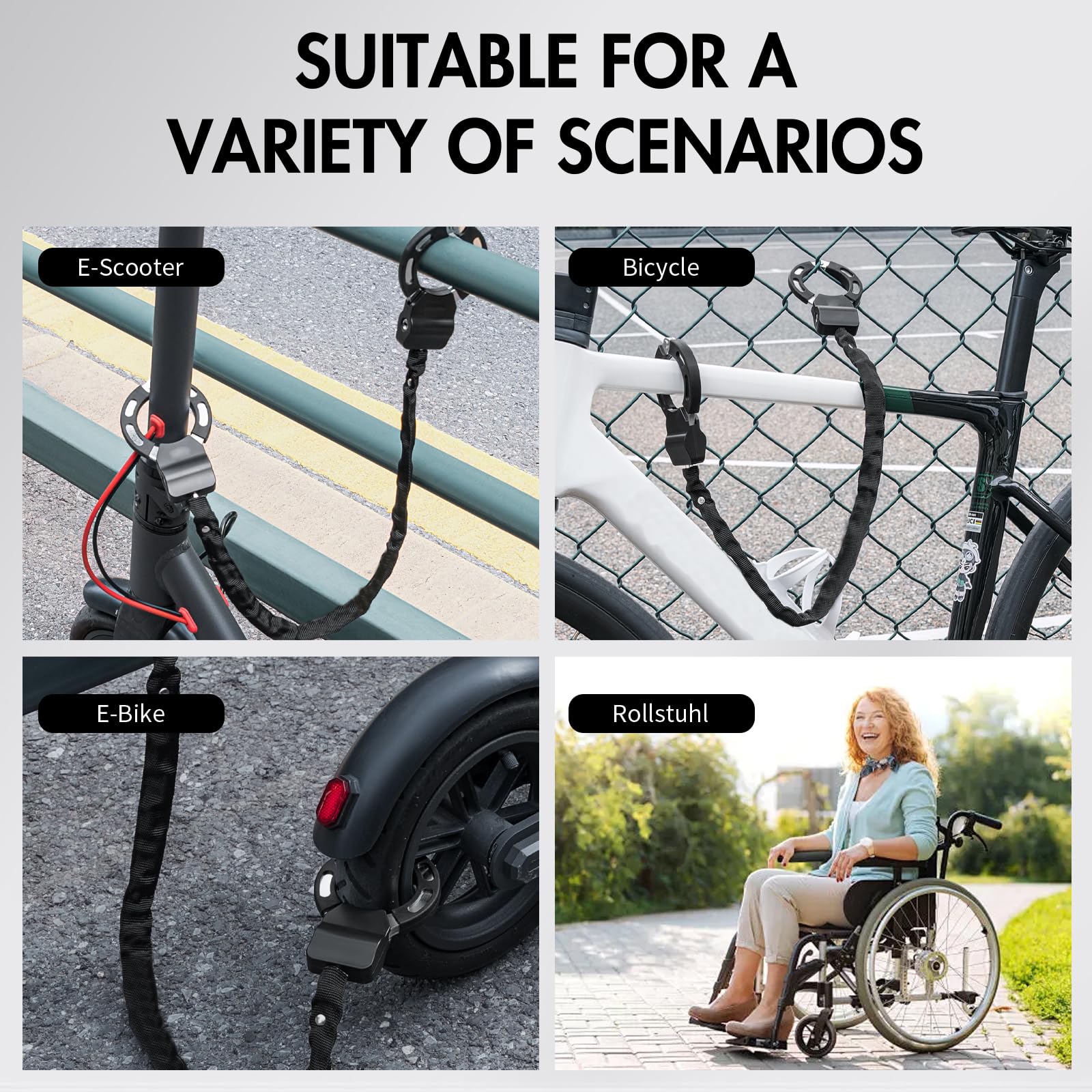Serratura per Scooter Elettrico, Lucchetto Monopattino Elettrico a Doppio Anello con Chiave e Catena Riflettente, ad Alta Sicurezza, per Biciclette Elettriche e Scooter Elettrici