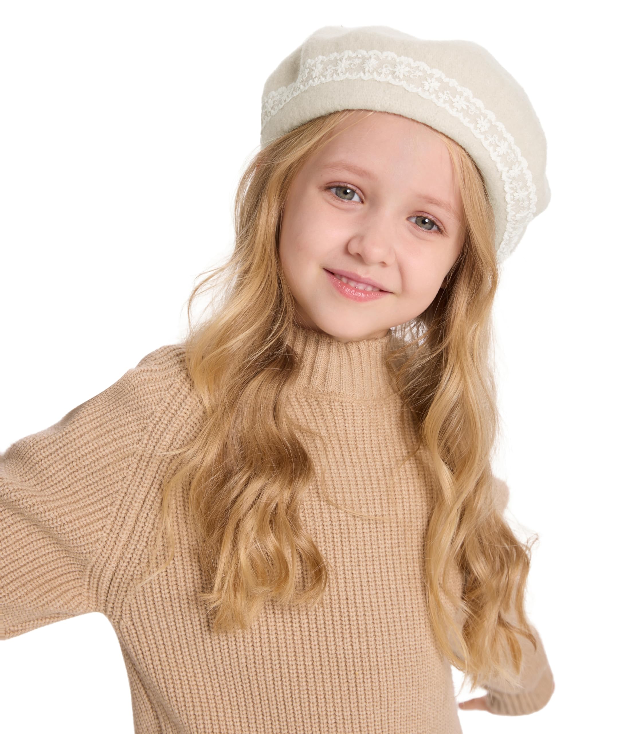 ZLYC Classic Wool Beret for Girls and Boys Modern French Artist, White lace, One Size - Image 3
