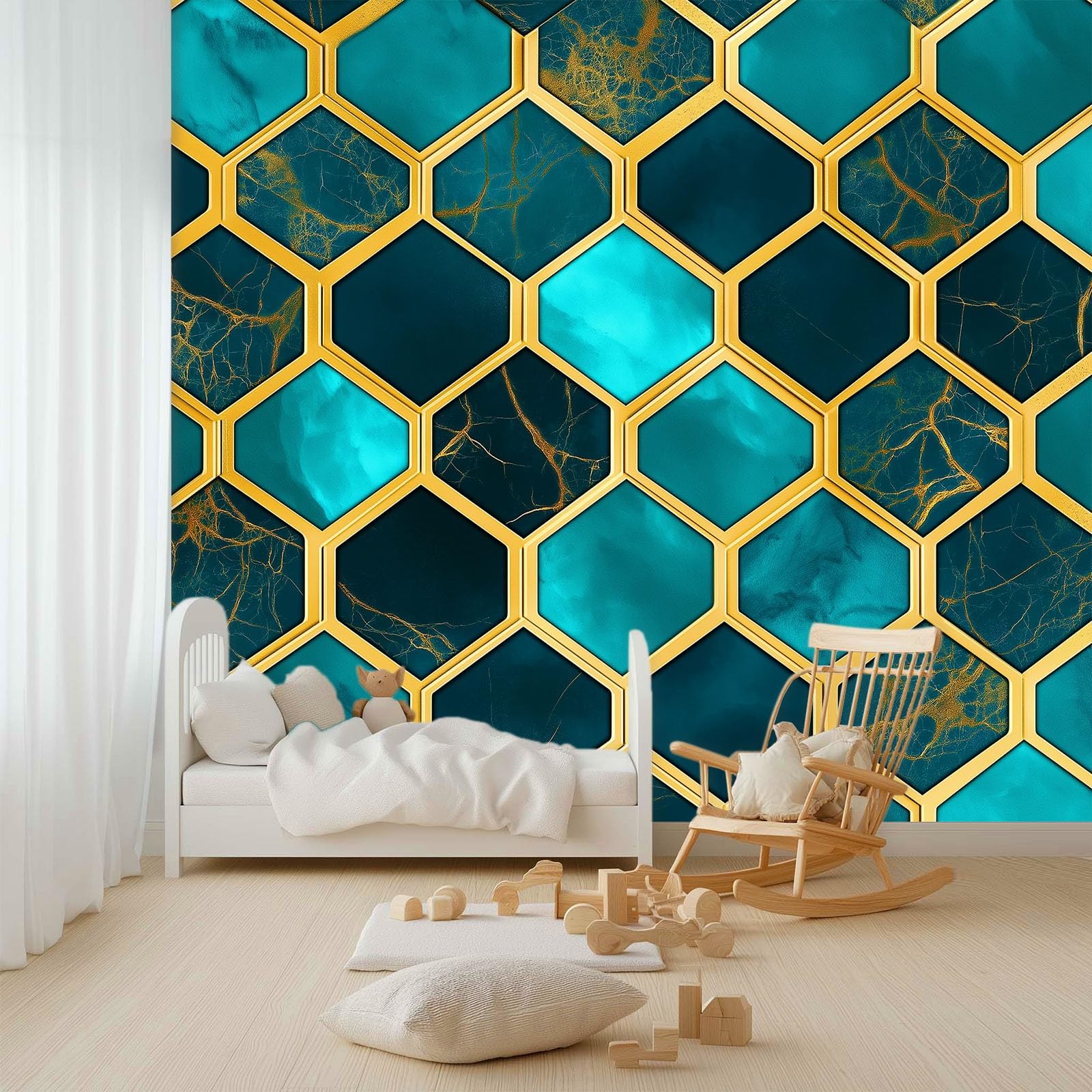 Geometryczny sześciokątny plaster miodu tekstura panoramiczna tapeta dla chłopców dziewcząt, 250 x 175 cm cyjan gigantyczny plakat ścienny 3D, dekoracja ścienna premium do salonu, pokoju dziecięcego