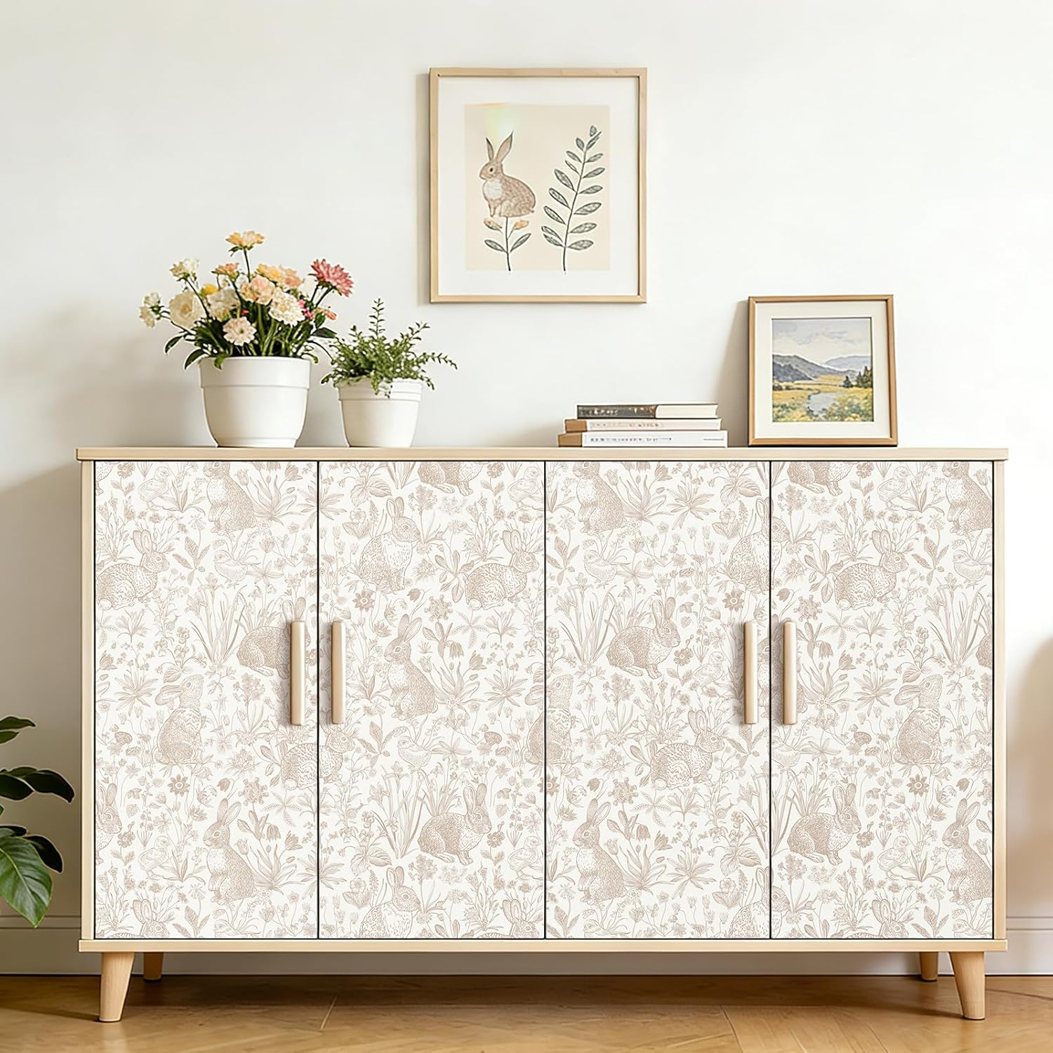 ICOOP Beige Wallpaper Rabbit Neutral Peel and Stick Wallpaper Boho 17.5"x276" Vintage Farm Cottage Contact Paper for Shelves Drawers Bunny Floral Wall Paper for Bathroom Kitchen Nursery Dollhouse
