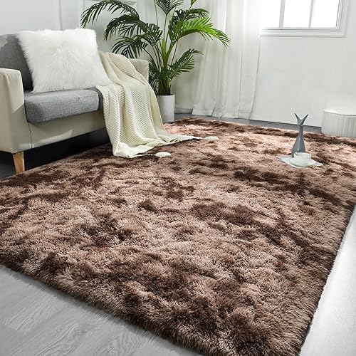 Miniatura 1 de FlyDOIT Alfombras de área grandes para sala de estar, 5 x 8 pies, teñido anudado, color café, peludas, mullidas, ultra suaves, modernas, para